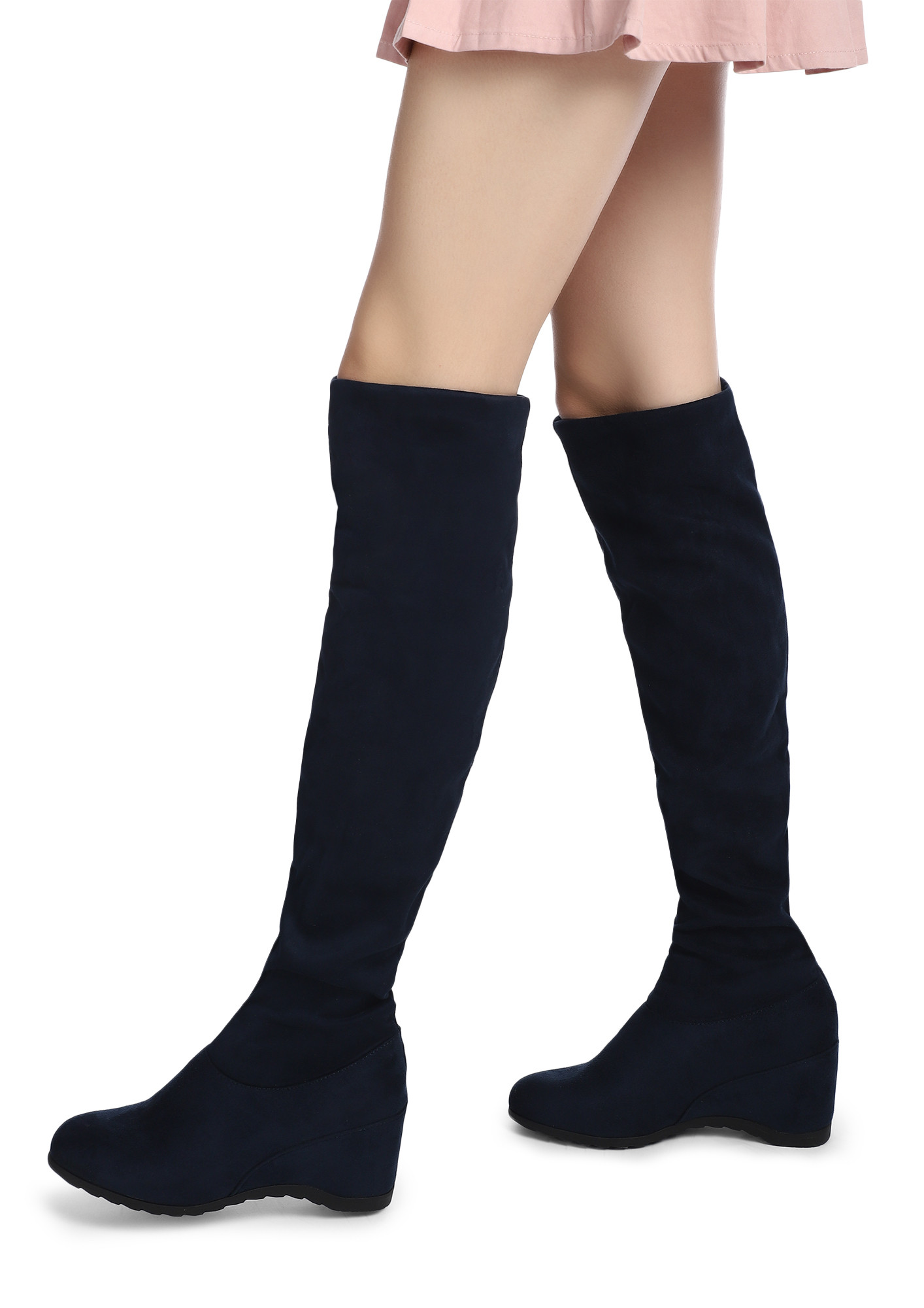 A LIL SHIMMER BLUE KNEE-HIGH WEDGE BOOTS