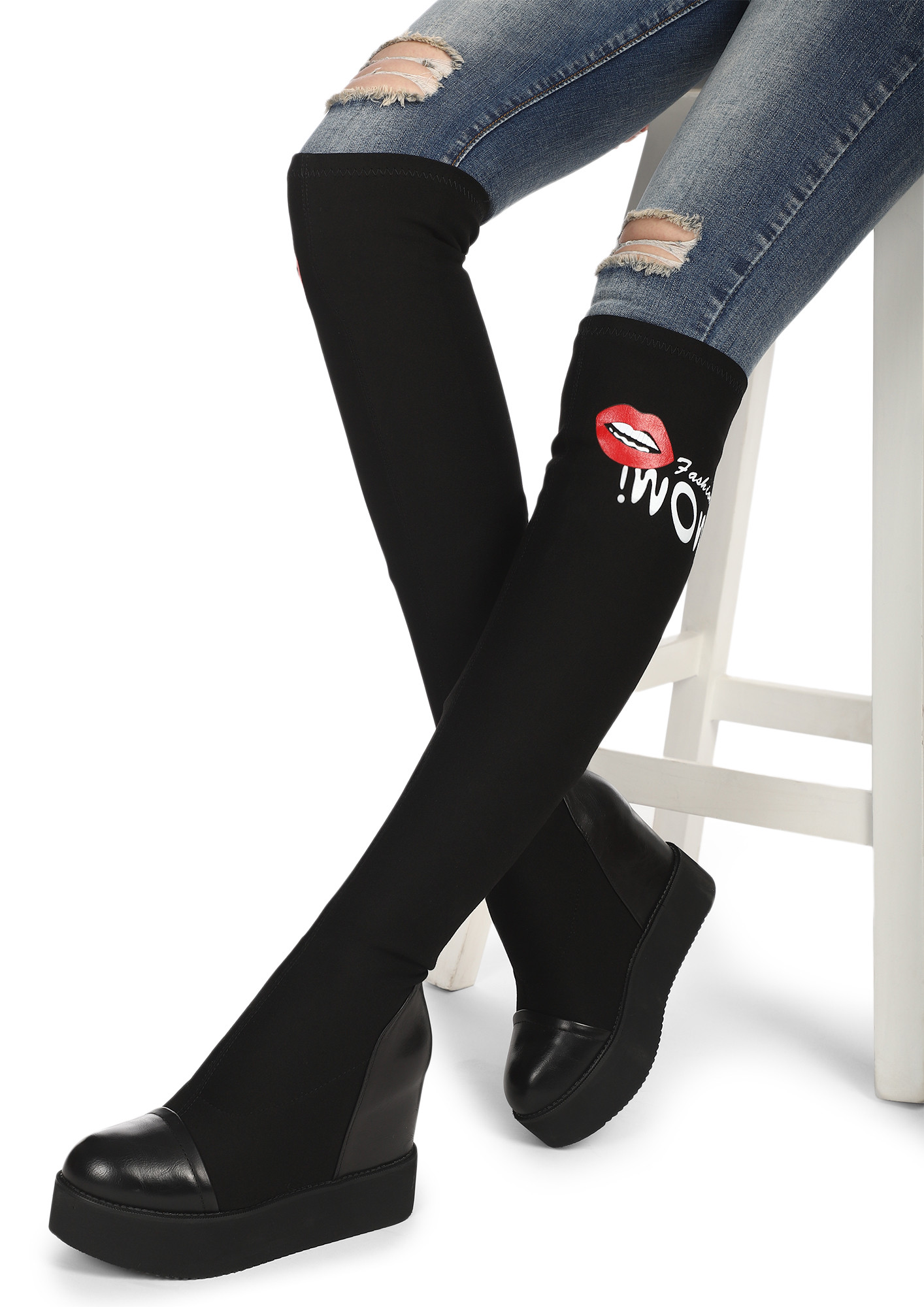 KISS AND TELL BLACK THIGH-HIGH BOOTS