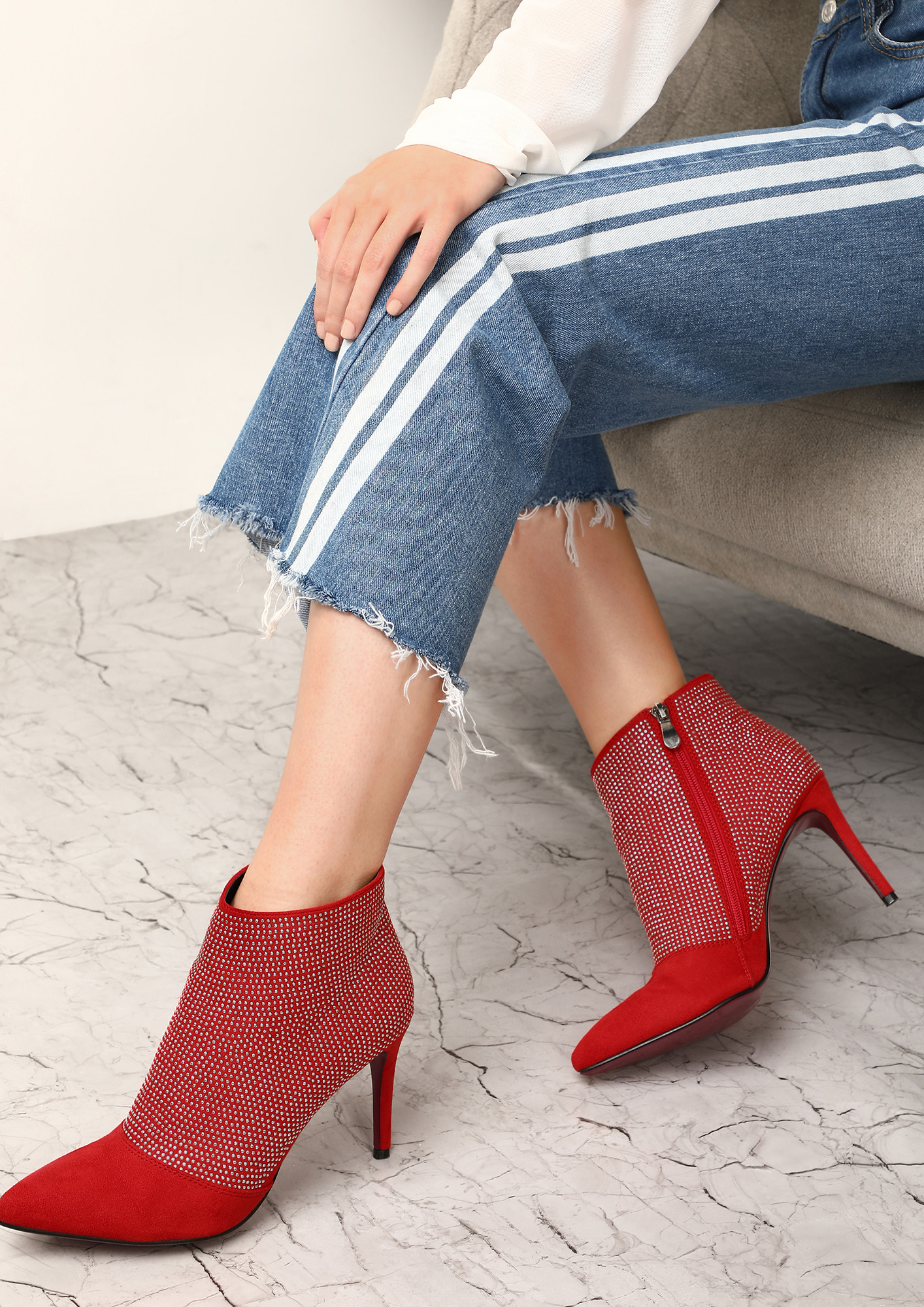KEEP THE SHINE ON RED ANKLE BOOTS