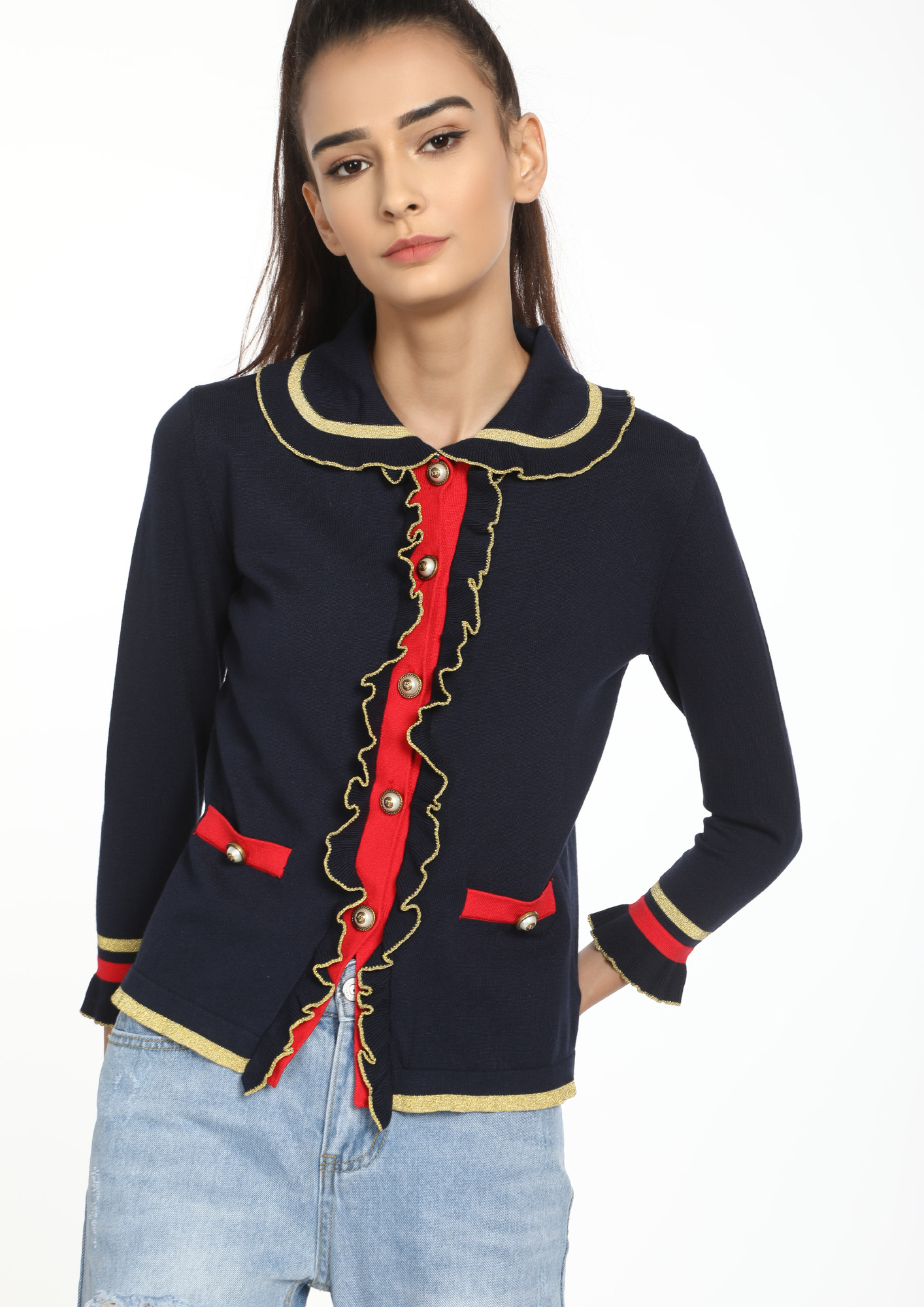 BEHIND THE BUTTON NAVY TOP