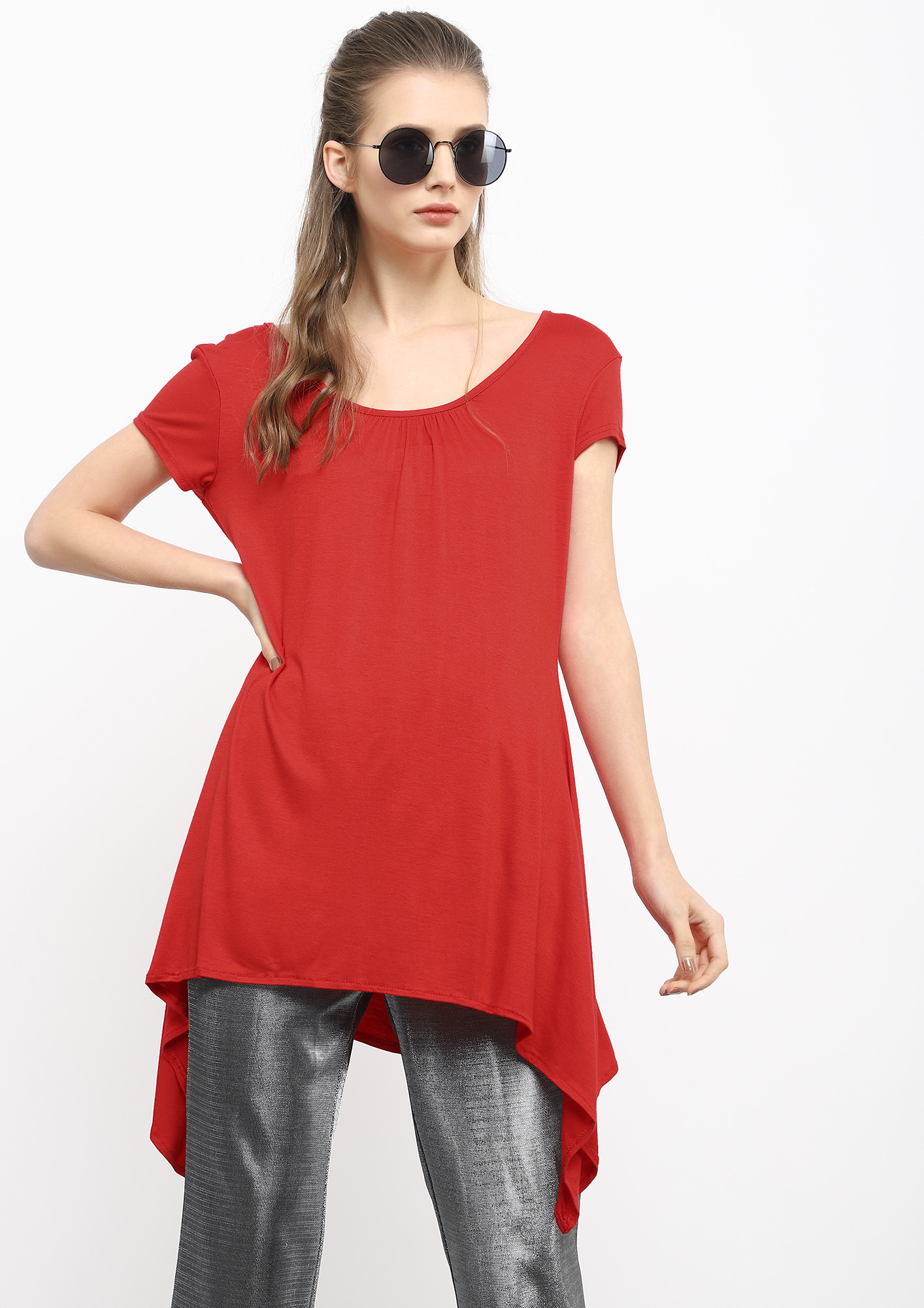 ALONG THE WAVES RED ASYMMETRICAL TUNIC TOP