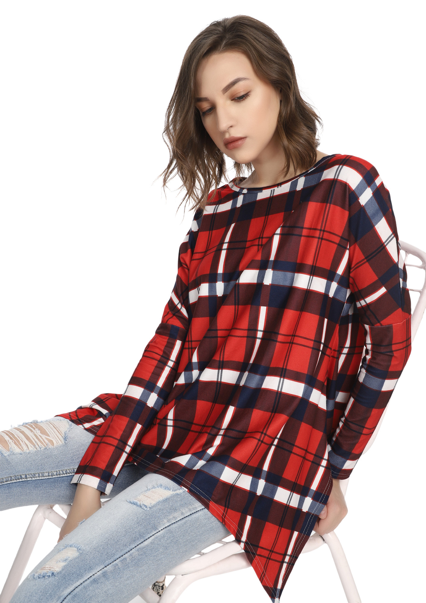YOU PLAID ME WELL RED TUNIC TOP