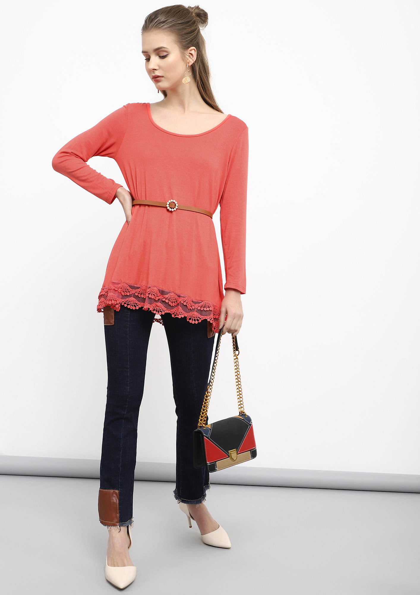 FROM AM TO PM PASTEL RED TUNIC TOP
