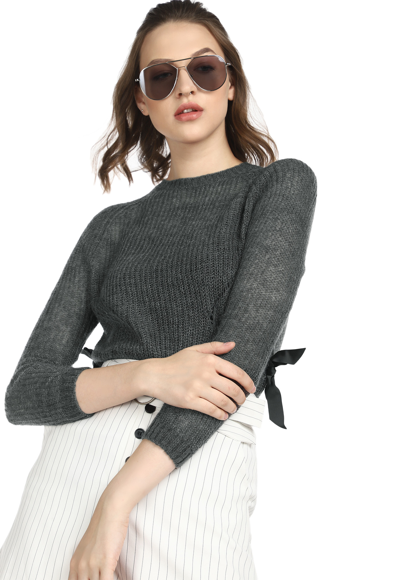 IT'S NEVER TOO LATE GREY RIBBED TOP
