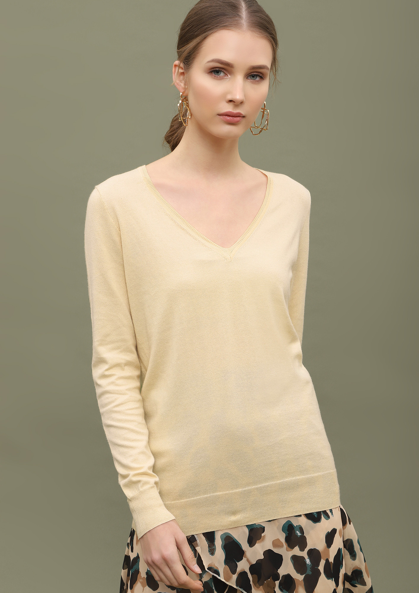 CAN YOU RIB-PEAT BEIGE RIBBED T-SHIRT
