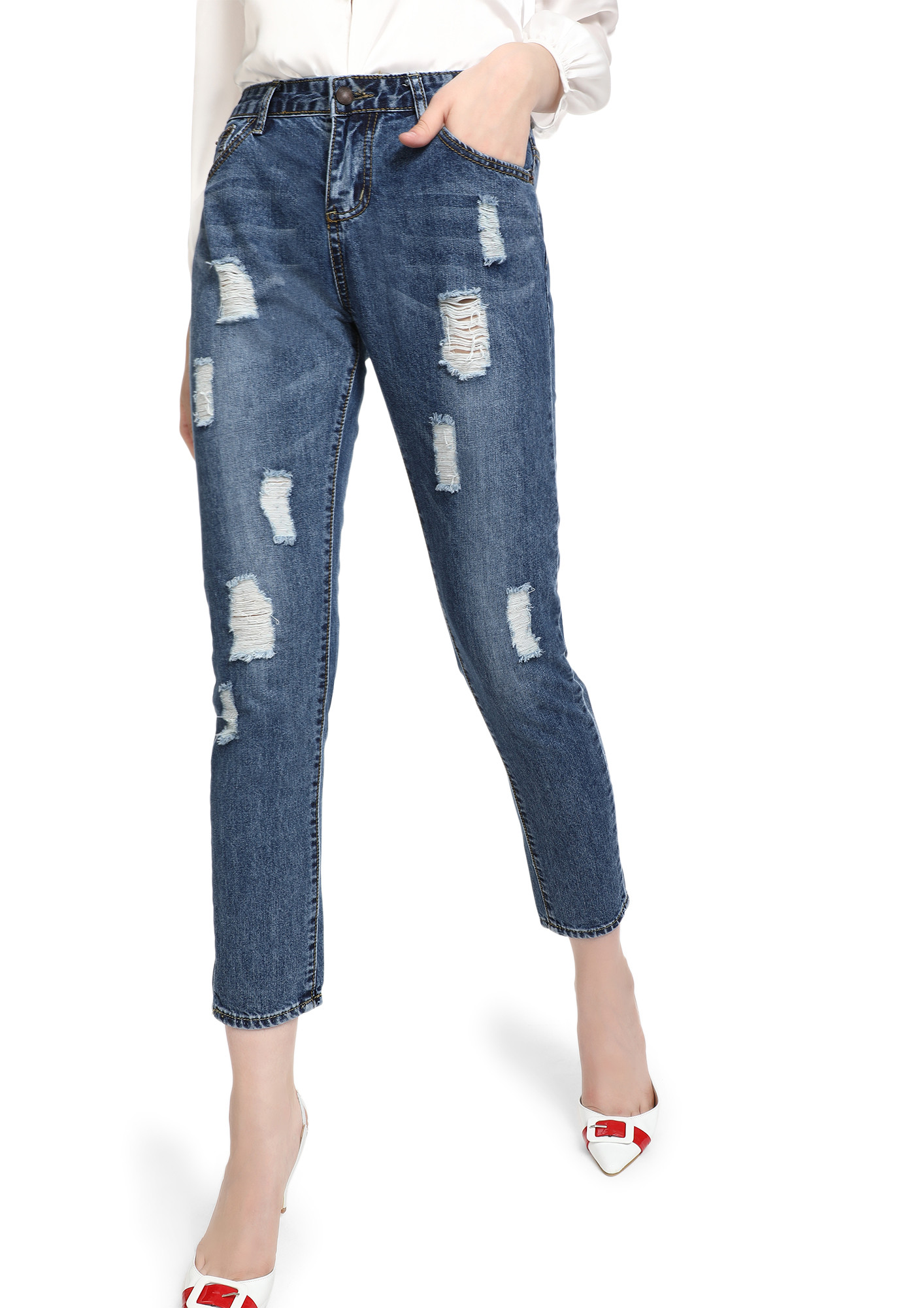 STRAIGHT TO THE POINT LIGHT BLUE RIPPED JEANS