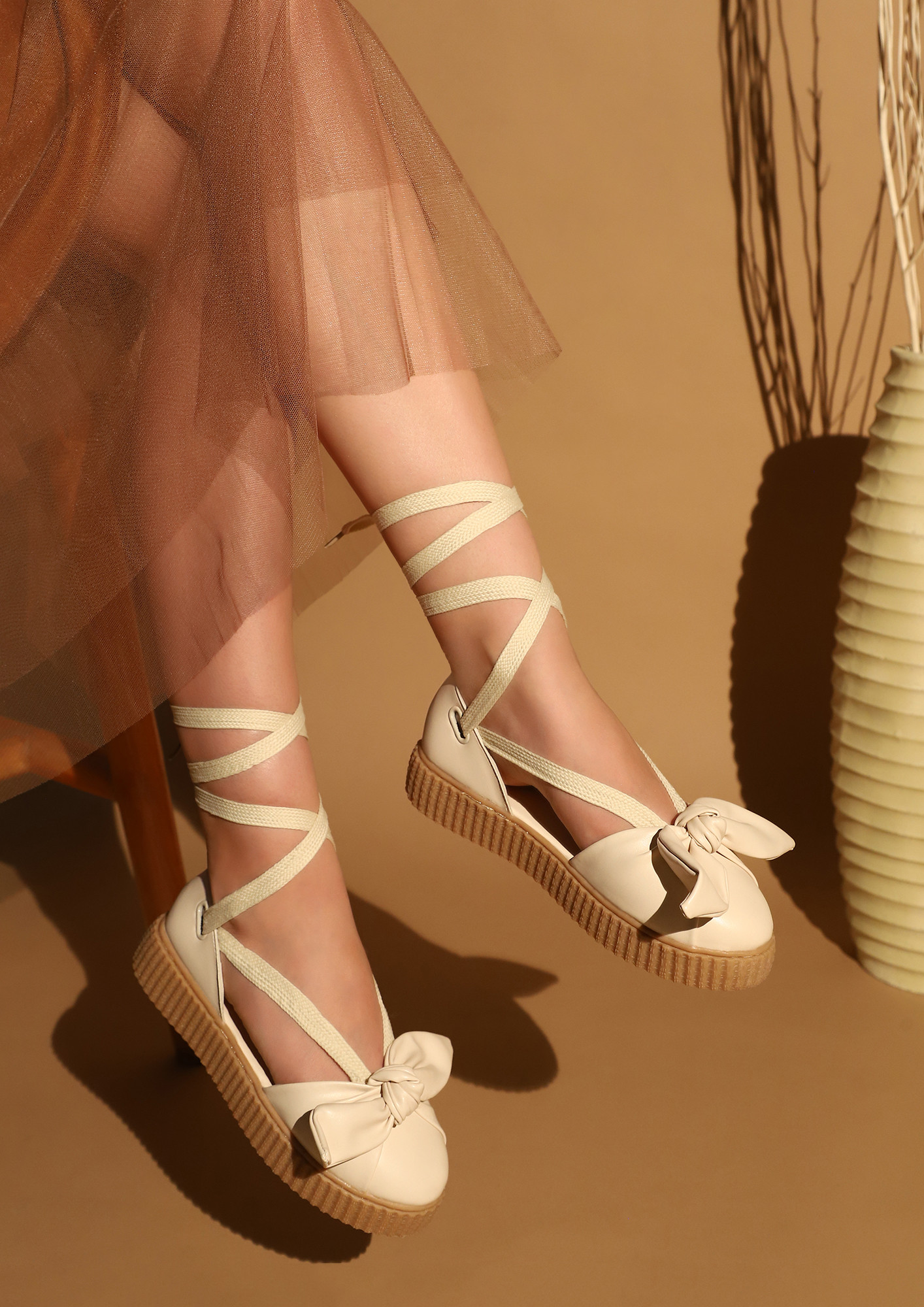 TIE ME A BOW BEIGE HEELED SHOES