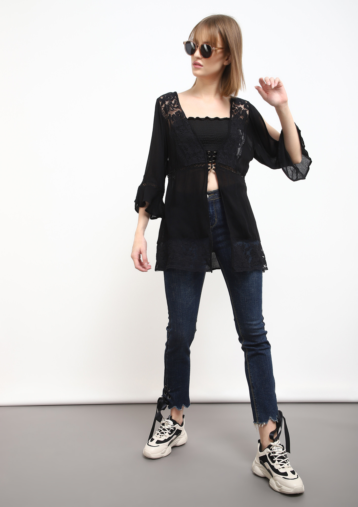 OPEN UP BLACK TUNIC TOP