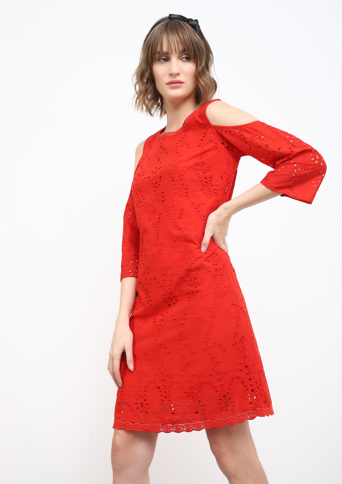 SASSY IN SCHIFFLI RED SHIFT DRESS