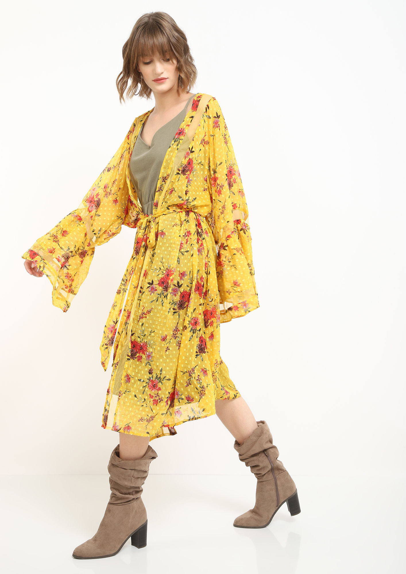 Women Yellow Floral Front Open Shrug