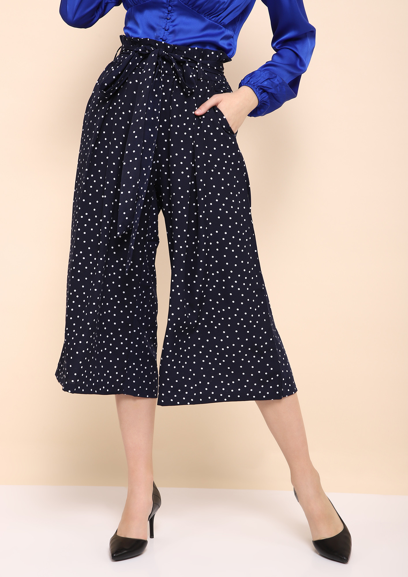 SPOTTED WITH FLAIR NAVY PAPERBAG WAIST CULOTTES