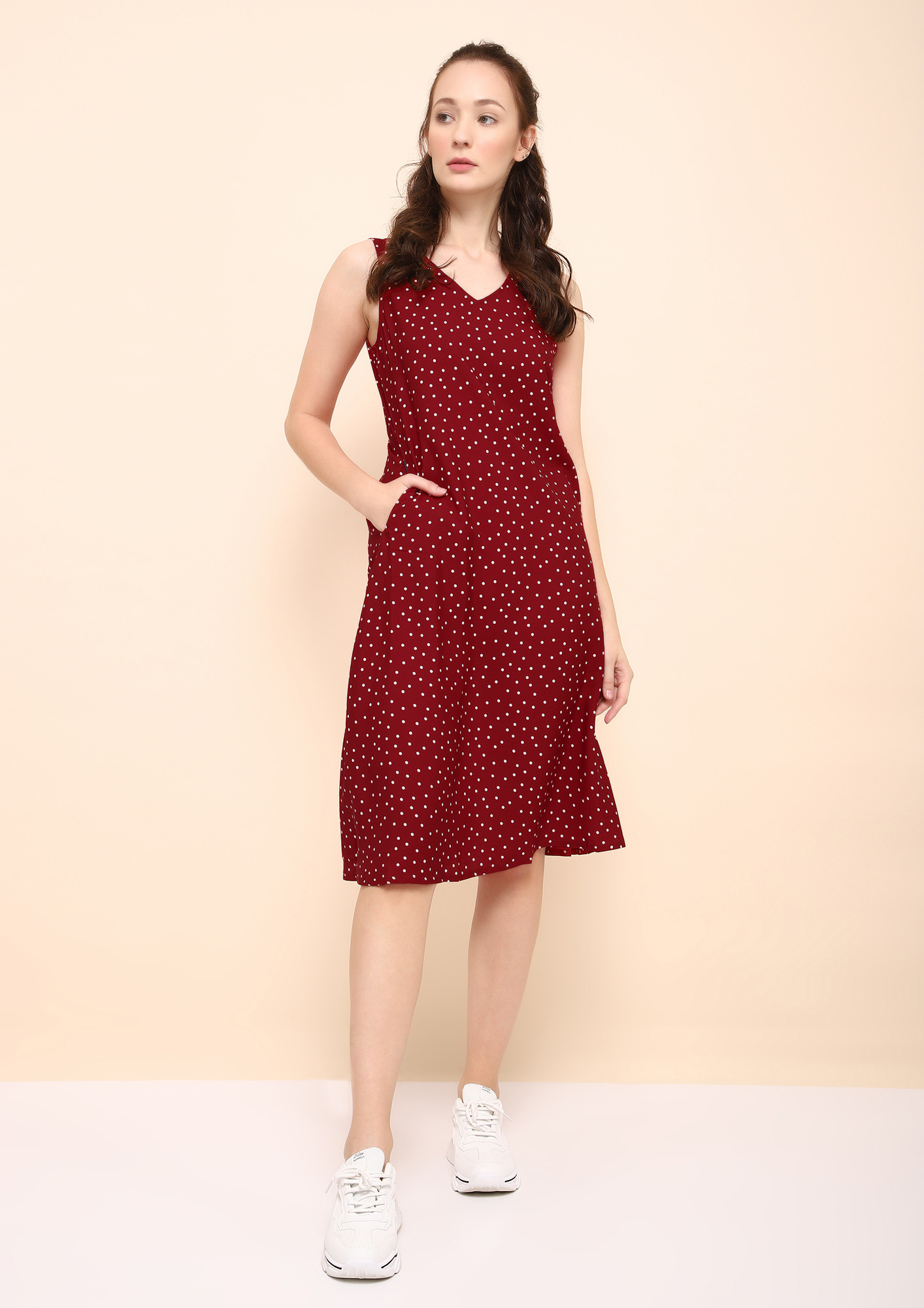 HOT FOR DOTS RED MIDI DRESS