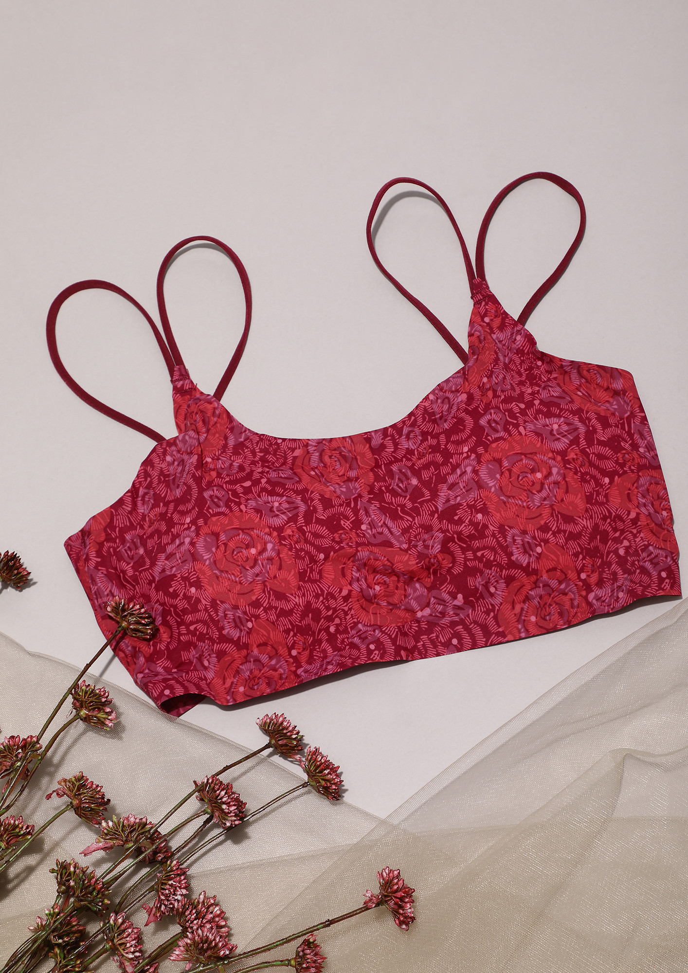 DOUBLE STRAP FLORAL PRINTED RED BRALETTE