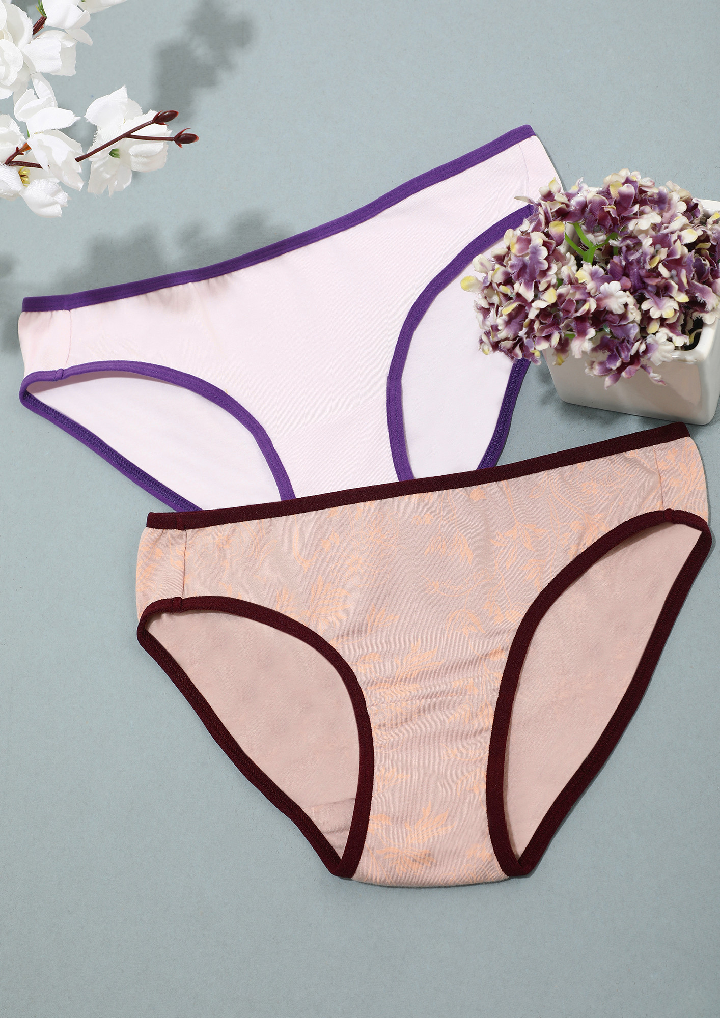 Purple And Print Bikini Bottom Combo