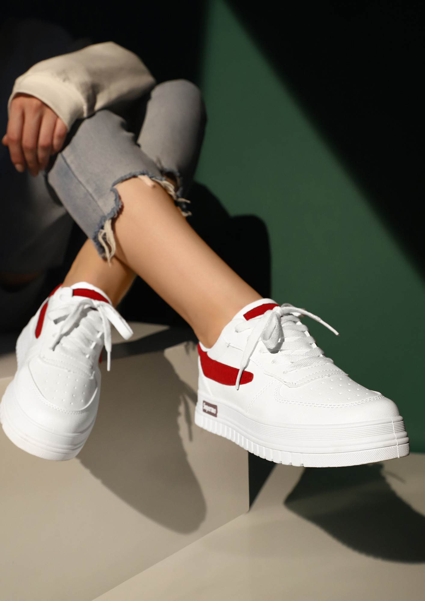 DROPPING SOME SPORTY DOSE RED WHITE TRAINERS