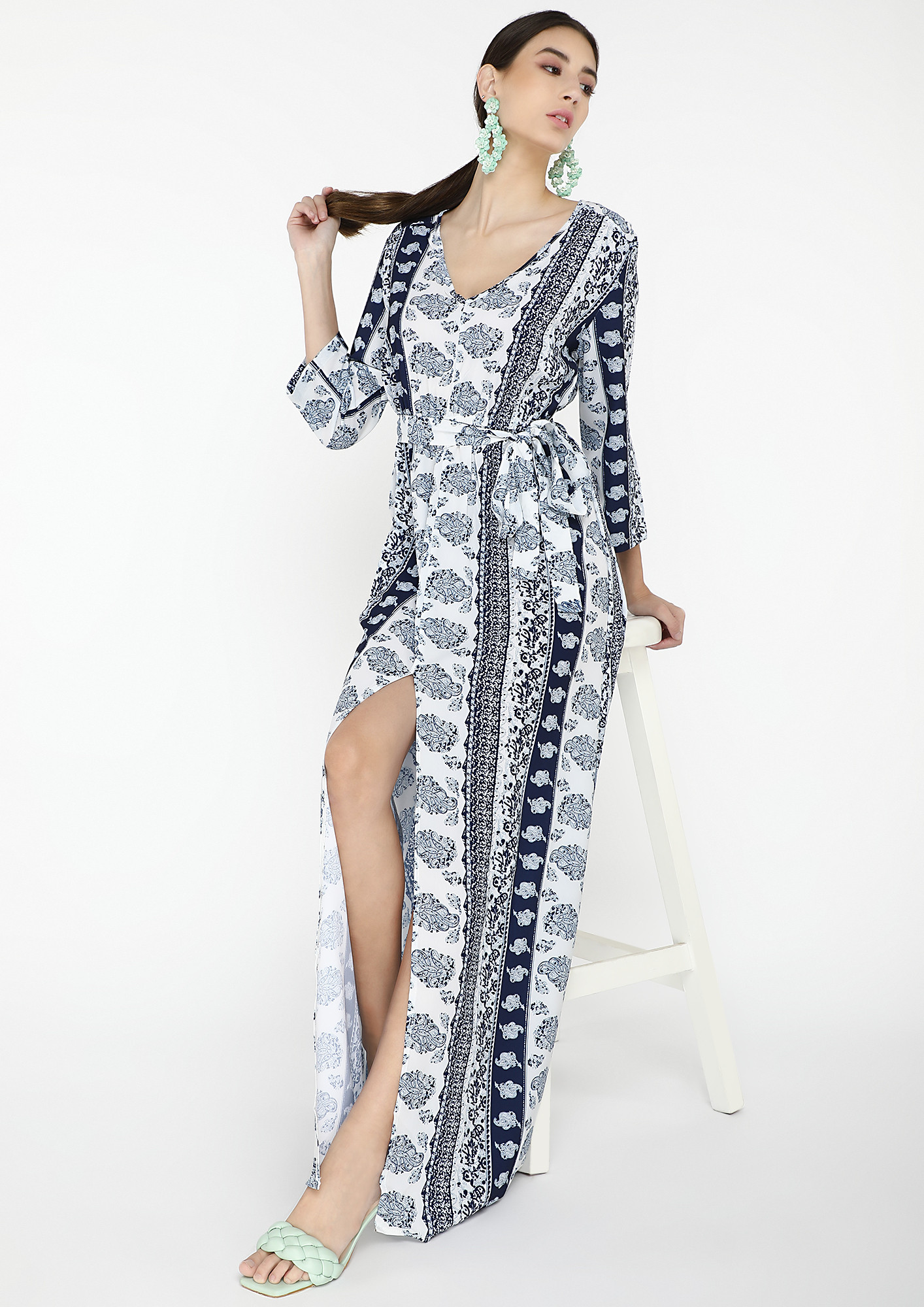 EASY BREEZY BLUE AND WHITE PRINTED MAXI DRESS