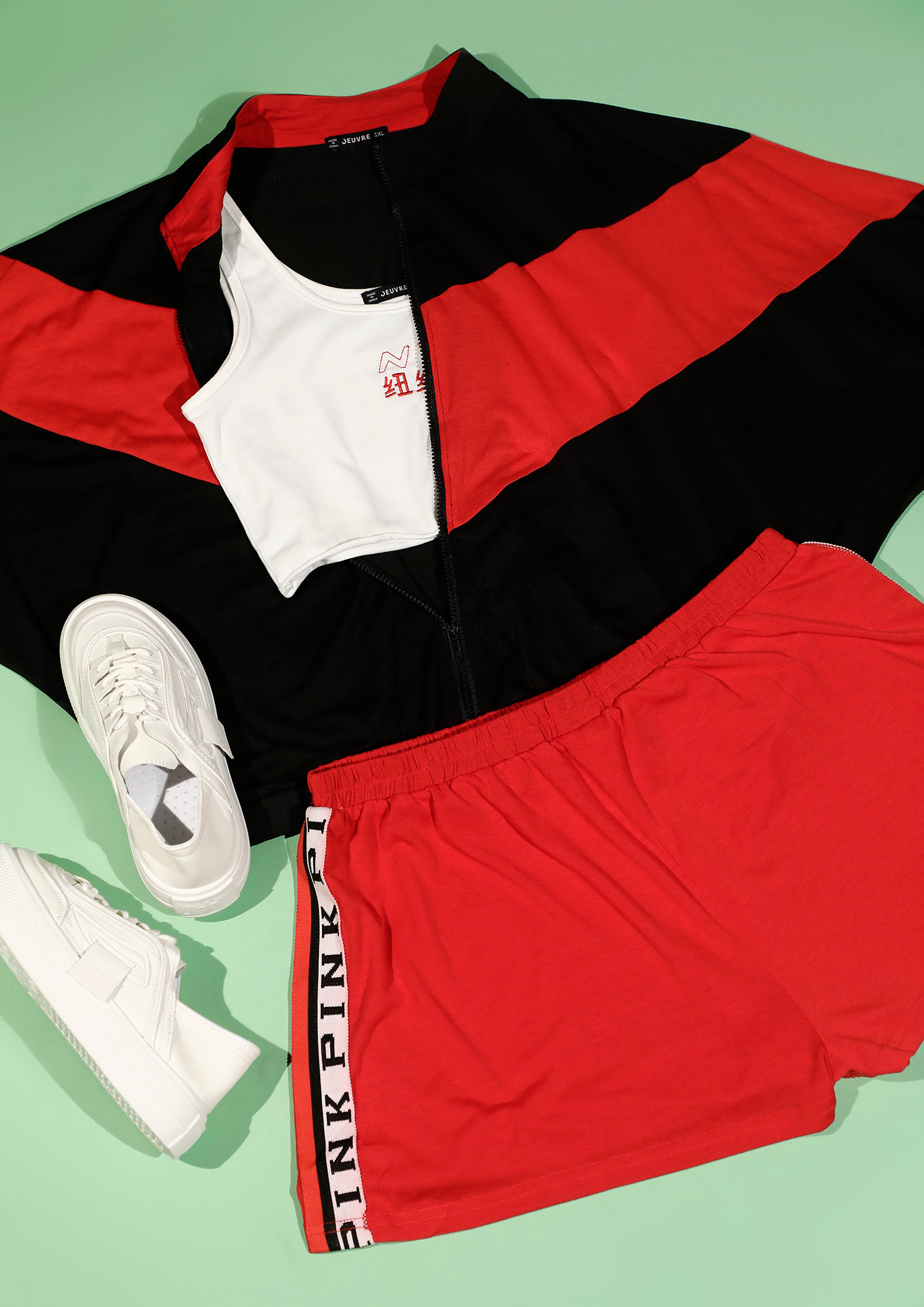 ON-RUN-TO-THE-PARK-ZZTZ-18SS-1018-F, RED, SPORTS, COLOUR BLOCK STRIPE DETAILS, TWO-PIECE SET