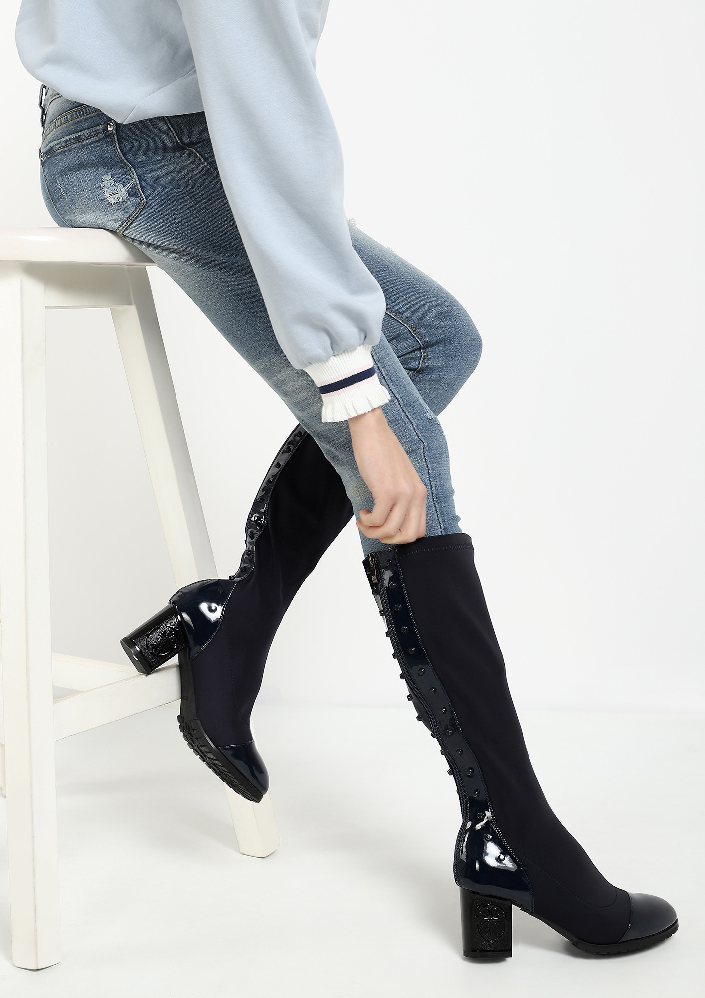 PATENT YOUR STYLE NAVY HEELED BOOTS