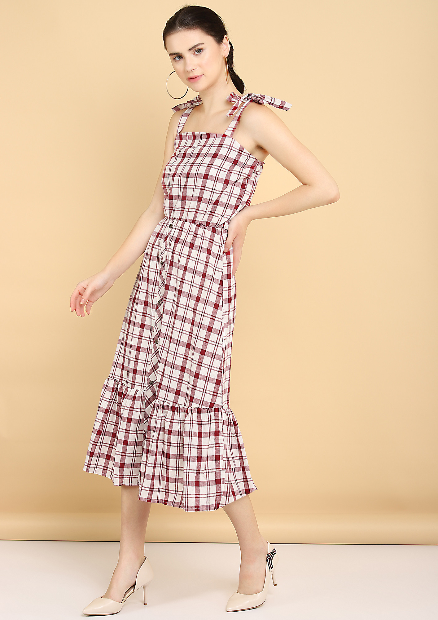 ALL CHEQUERED GAL RED WHITE MIDI DRESS