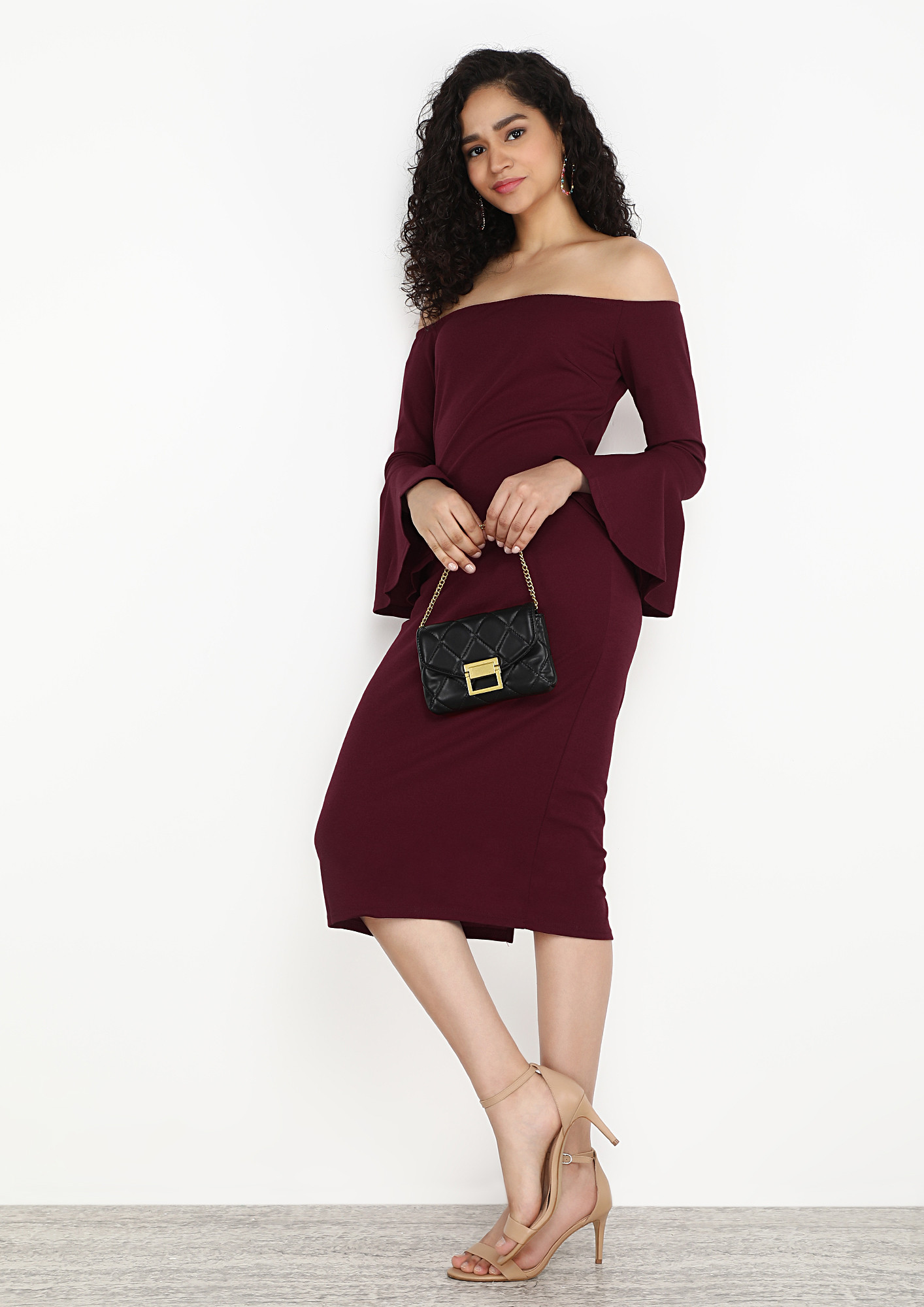 AWESOME-NESS-STY-1151, ZIP FLY BACK CLOSURE, FRILL CUFFS, MIDI, MAROON, OFF-SHOULDER DRESS