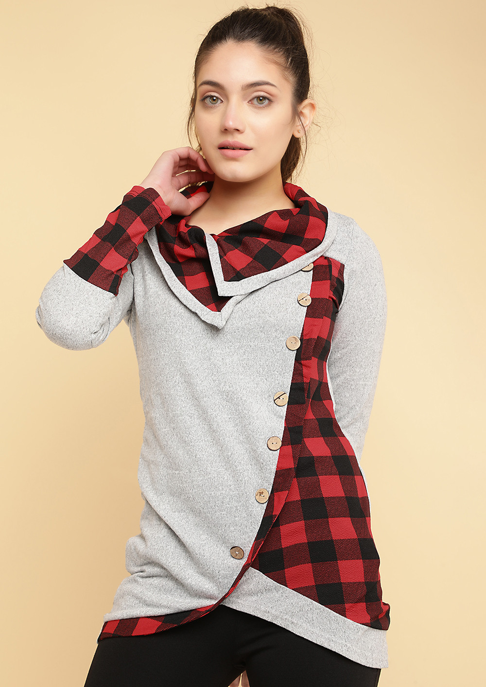 PLAID WITH BUTTONS GREY TUNIC TOP