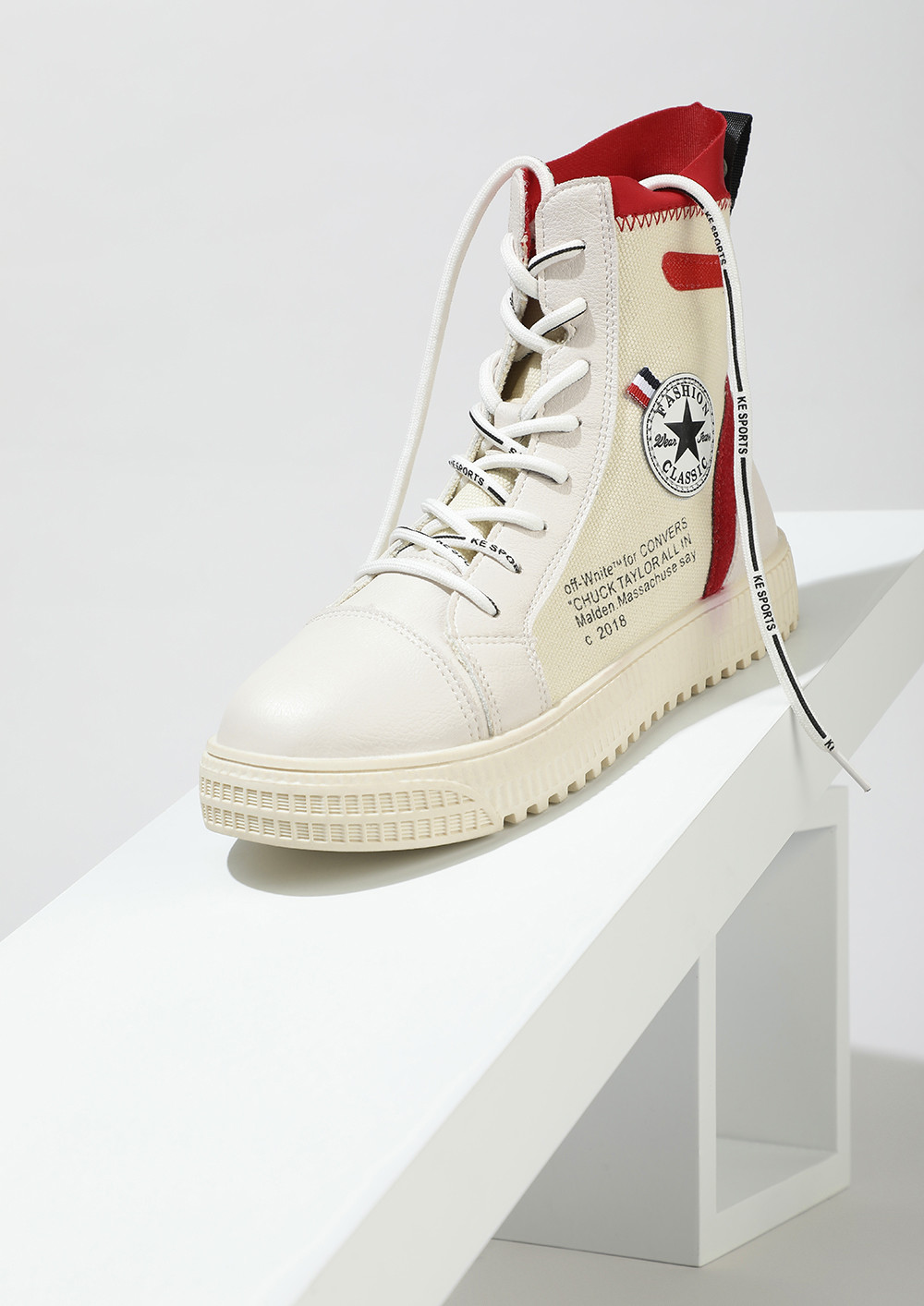 BE CLASSIC IN RED WHITE HI-TOP TRAINERS