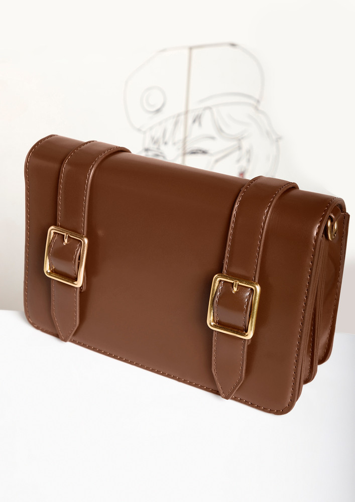 DOUBLE BUCKLED DOWN CARAMEL SLING BAG