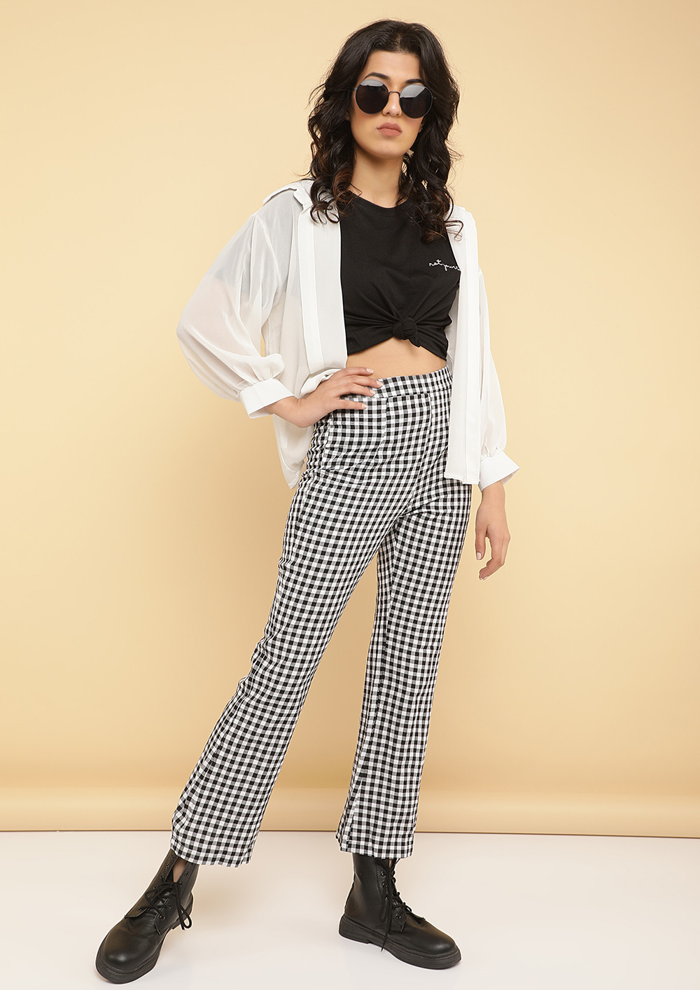 Trendy Women Trousers black and white plaid pants cotton