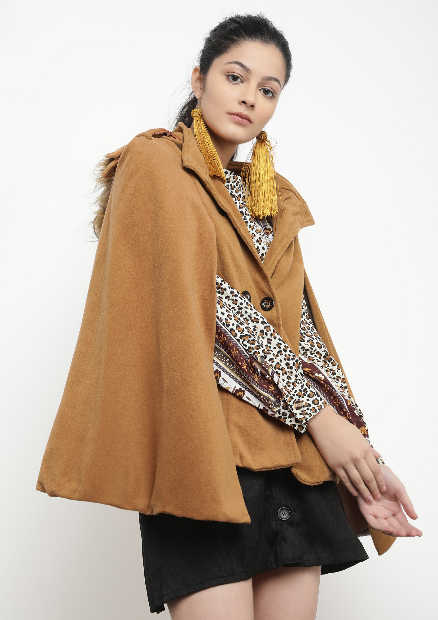 SUPER LADY TAN DOUBLE-BREASTED CAPE COAT