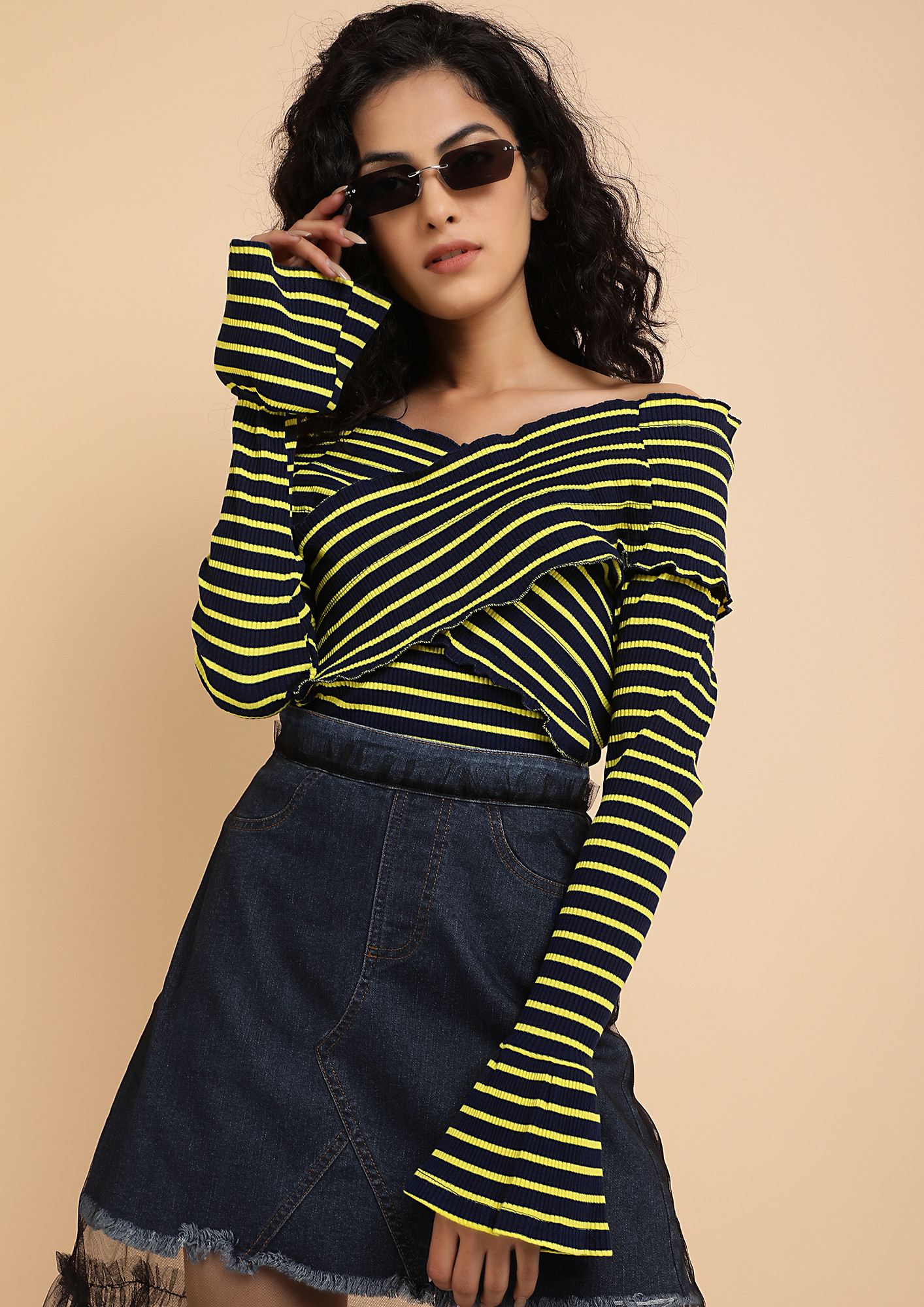 PLAYING COY NAVY OFF-SHOULDER TOP