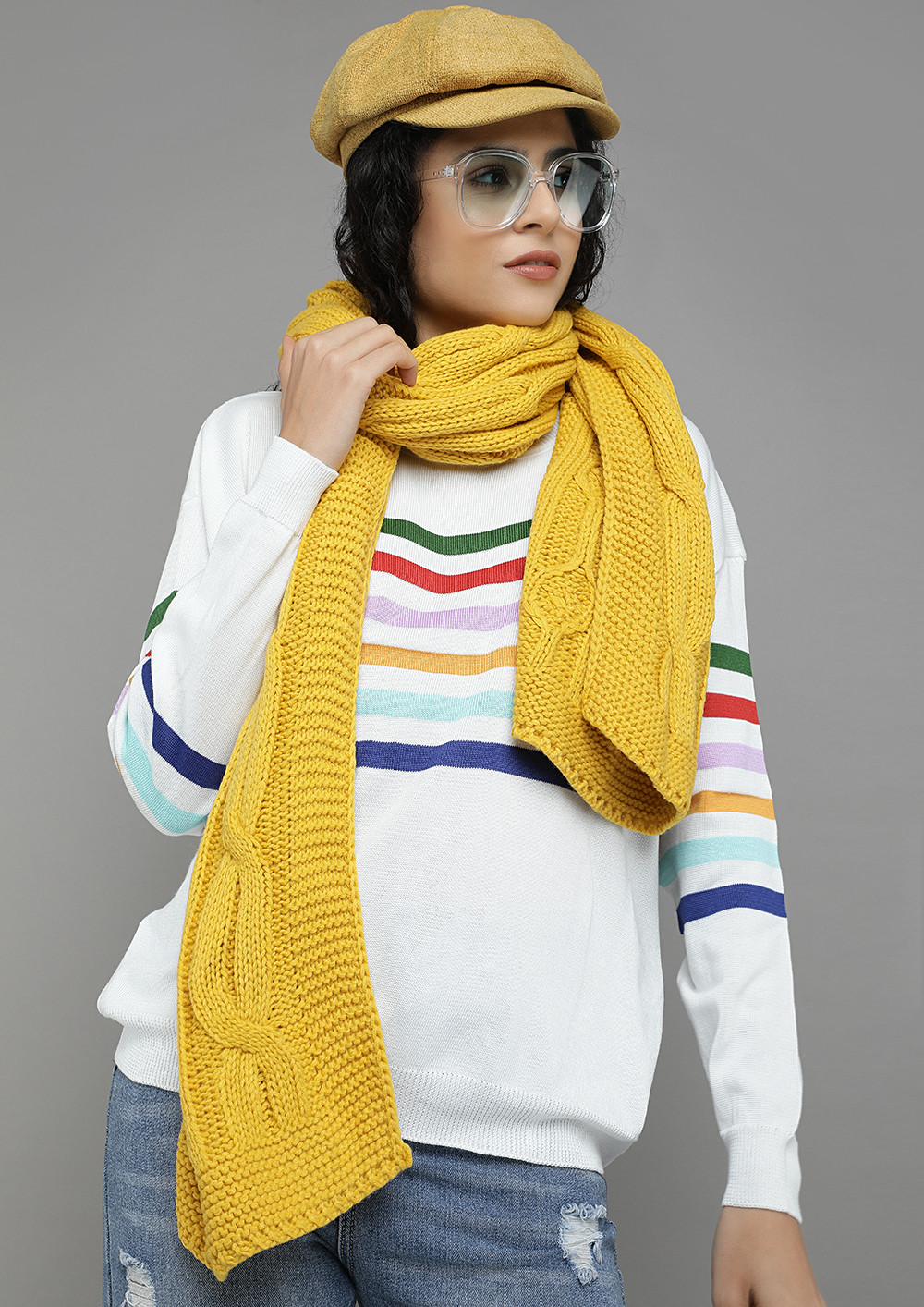 HABIT IS A CABLE YELLOW KNITTED SCARF 