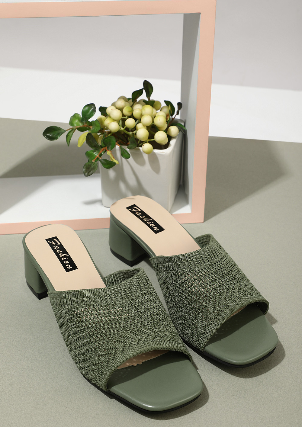 WITH A FEMININE TOUCH GREEN LOW HEELED MULES