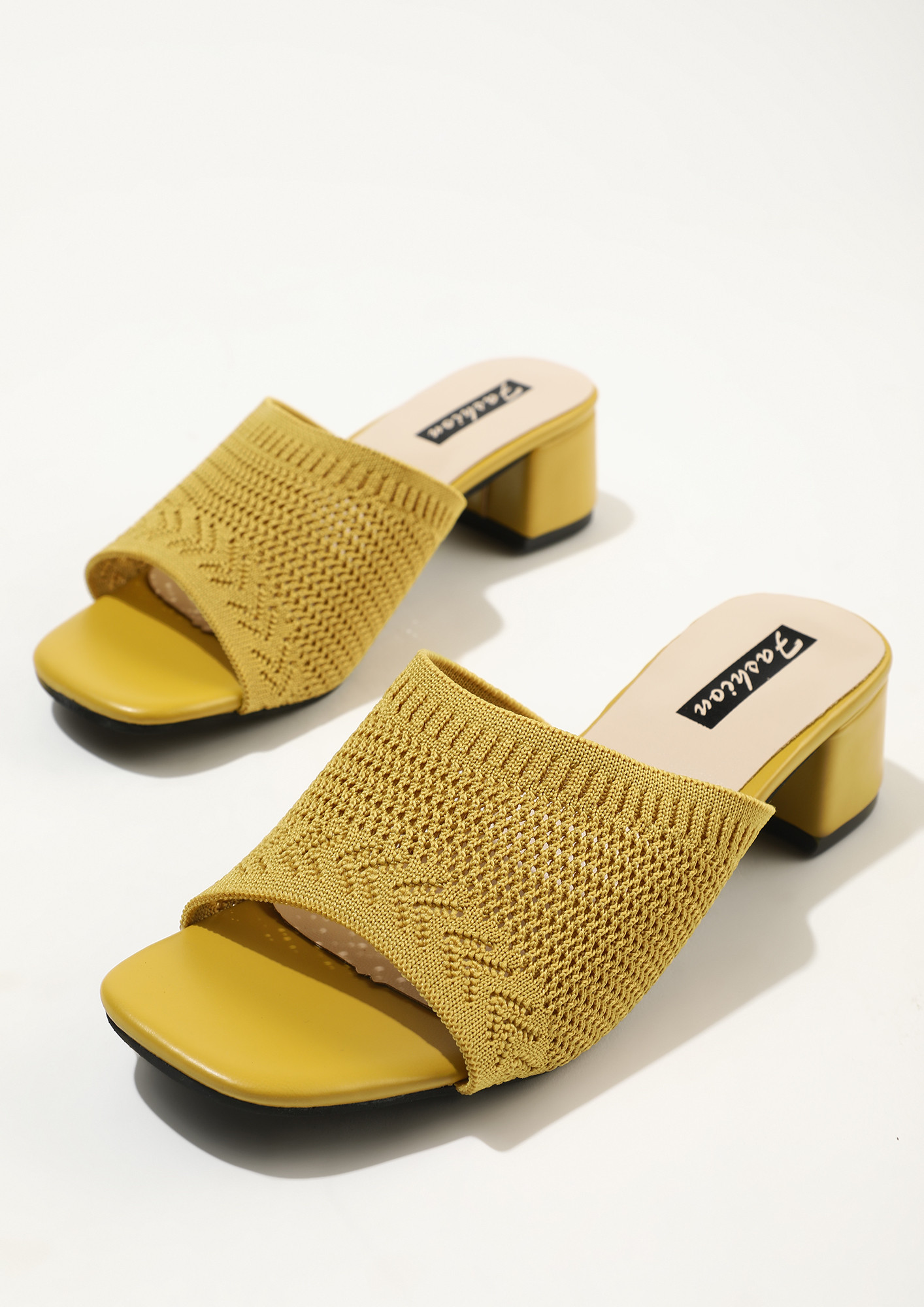 WITH A FEMININE TOUCH YELLOW LOW HEELED MULES