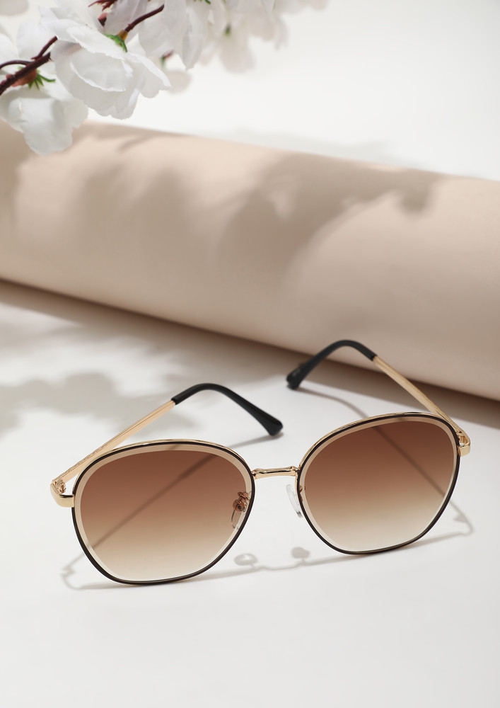 Larger Than Life Gold Brown Round Sunglasses