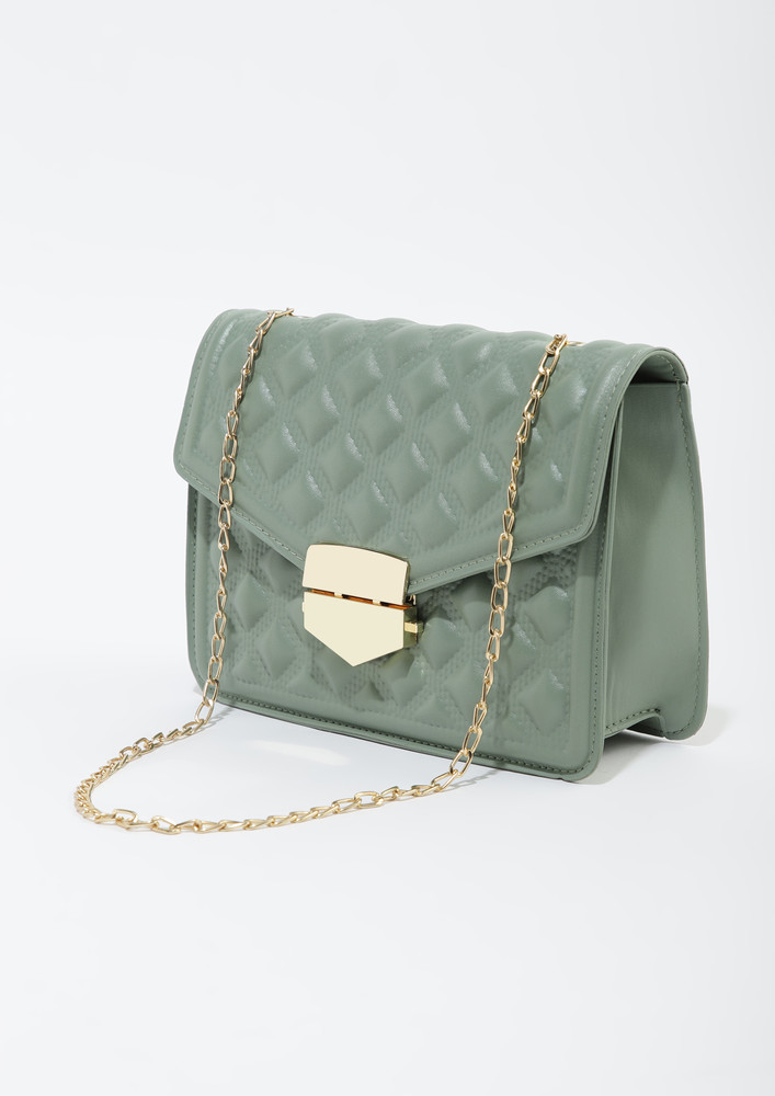 Love And Accesorising With The Chain Detail, Metal-lock Closure, Flap Front, Quilted, Green Sling Bag