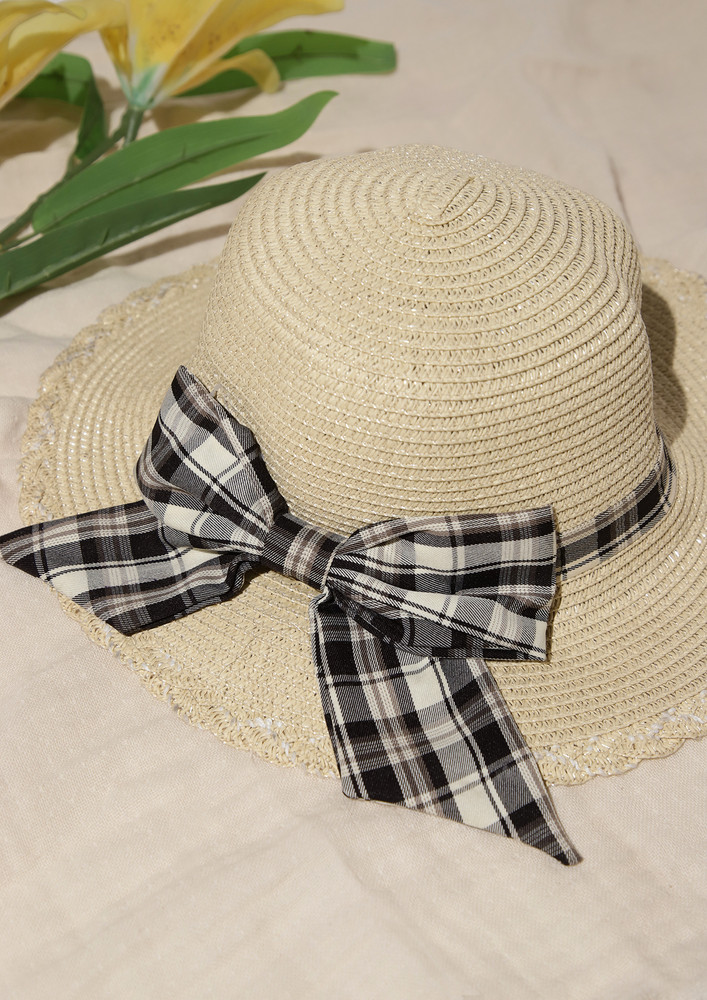 SOLID BEIGE CHECKED BOW-TIE STRAW HAT