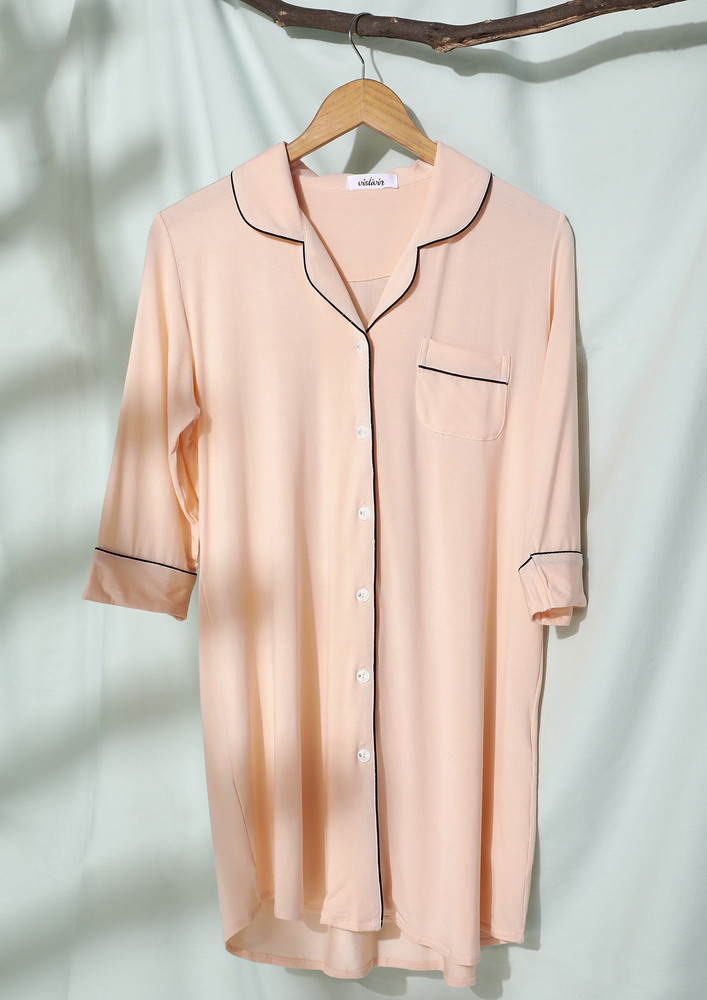 Simple-gal-in-vj038-2, Lapel Neck, Short Sleeves, Contrast Stitch Details, Shirt, Button Down, Pink, Shirt, Nightdress
