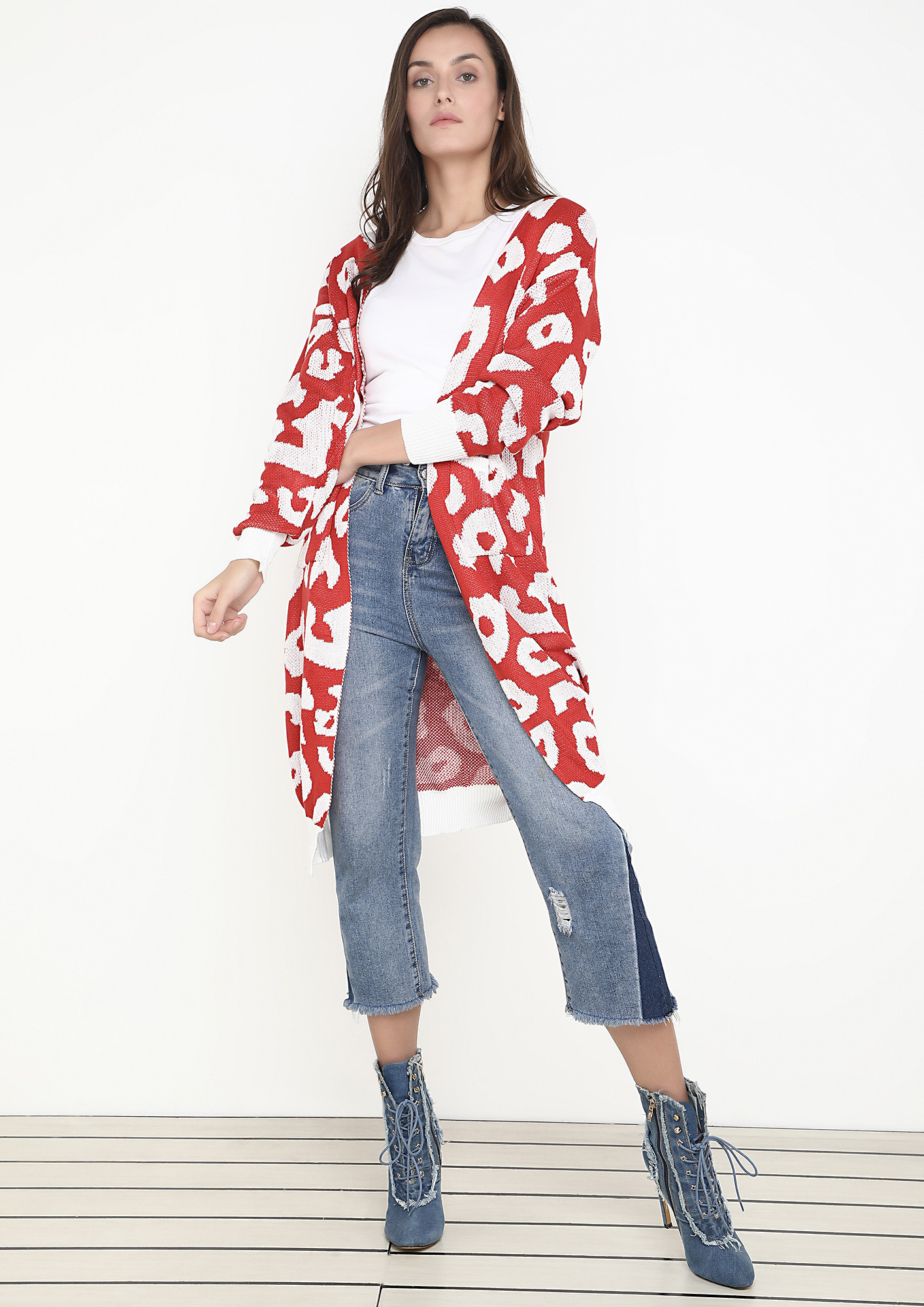 THAT-TIME-OF-THE-SEASON-VD3037, RED, MOTIF PRINTS, LONG RELAXED FIT, FULL SLEEVES, CASUAL, SHRUG