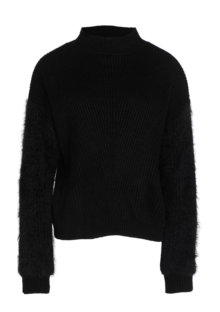 Here-comes-the-solid-vd3092,  Turtle Neck, Knitted, Cuff Full Sleeves, Black, Jumper