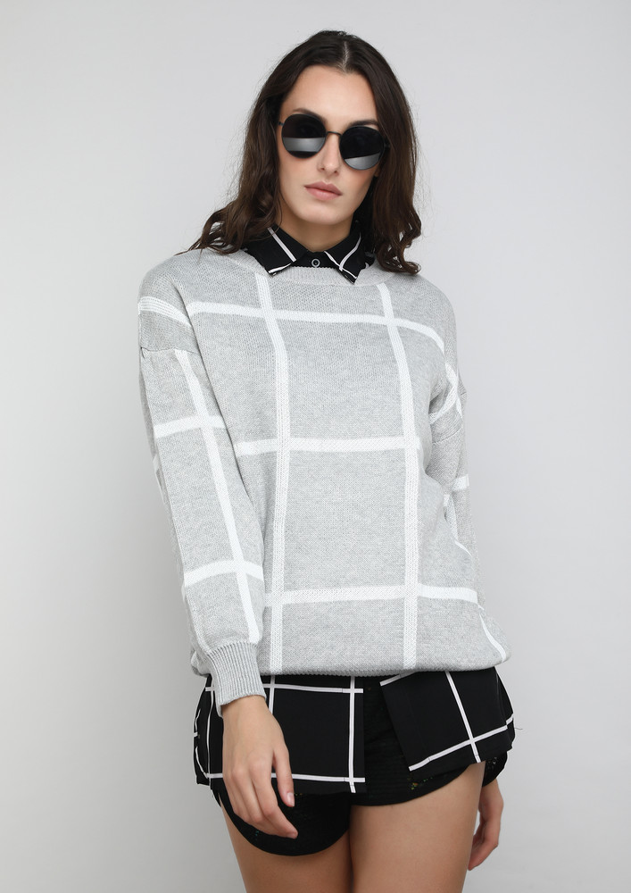Let's Talk In Stripes Grey Sweater