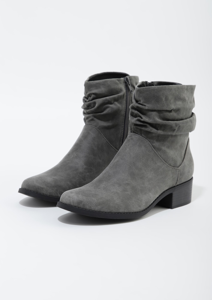 Isn't It Awesomeness Around L500, Ruched, Side Zip Fly Closure, Pu, Heeled, Suede, Grey, Ankle Boots