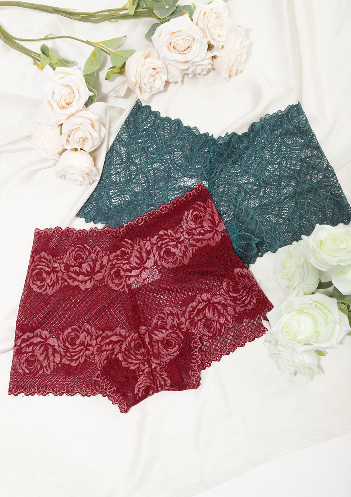 Carefree Red And Green Lace Boy Shorts Set Of 2