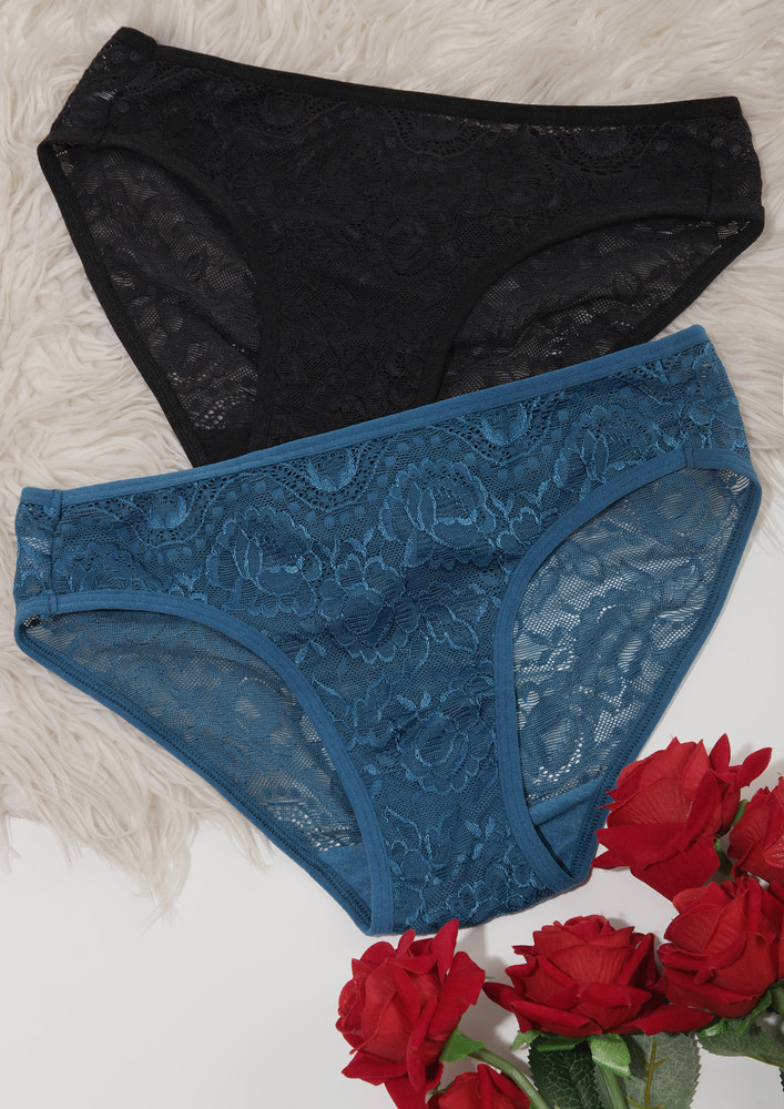 Pretty Blue And Black Lace Hipster Set Of 2