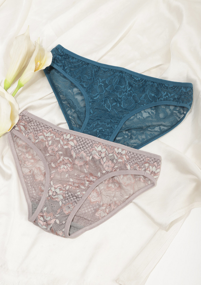 DAILY COMFORT GREEN AND MAUVE LACE HIPSTER SET OF 2
