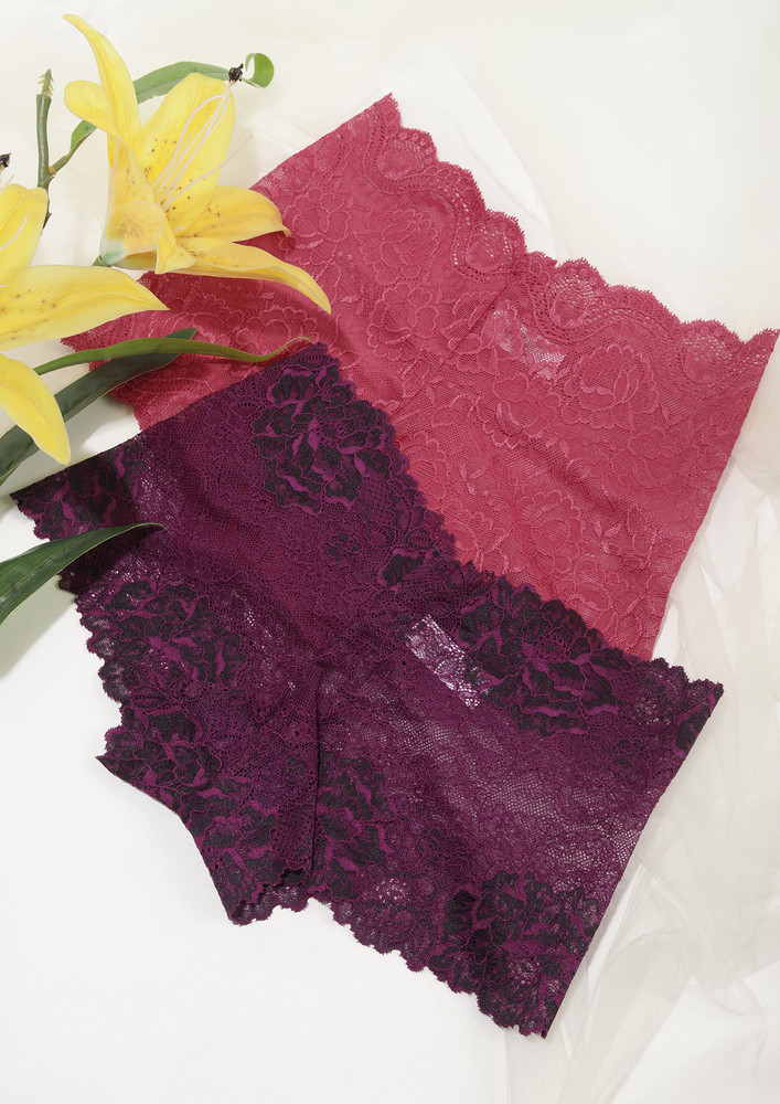 Heavenly Purple And Red Lace Boy Shorts Set Of 2