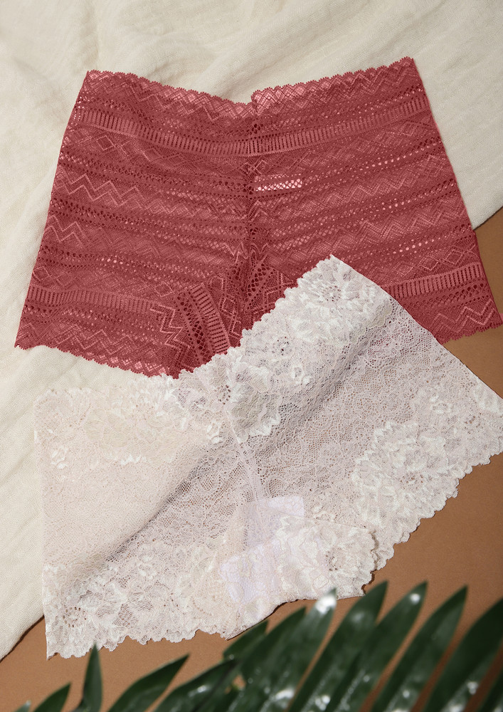 Delightful Red And White Lace Boy Shorts Set Of 2