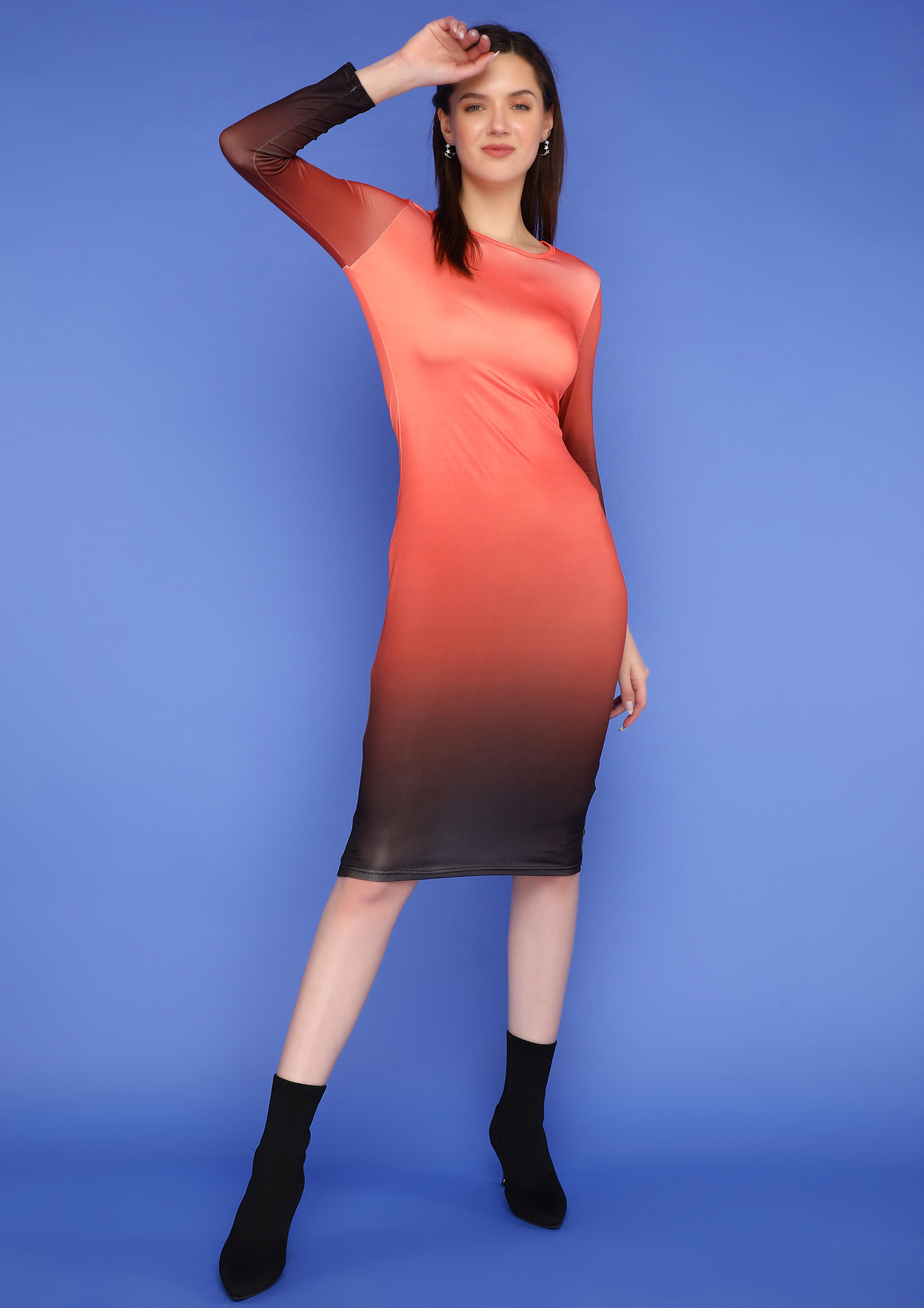 MODISH-GAL-PARTY-READY-8246, JEWEL NECK, FITTED, TWO-TONED, OMBRE, FULL SLEEVES, RED-BLACK, PENCIL DRESS