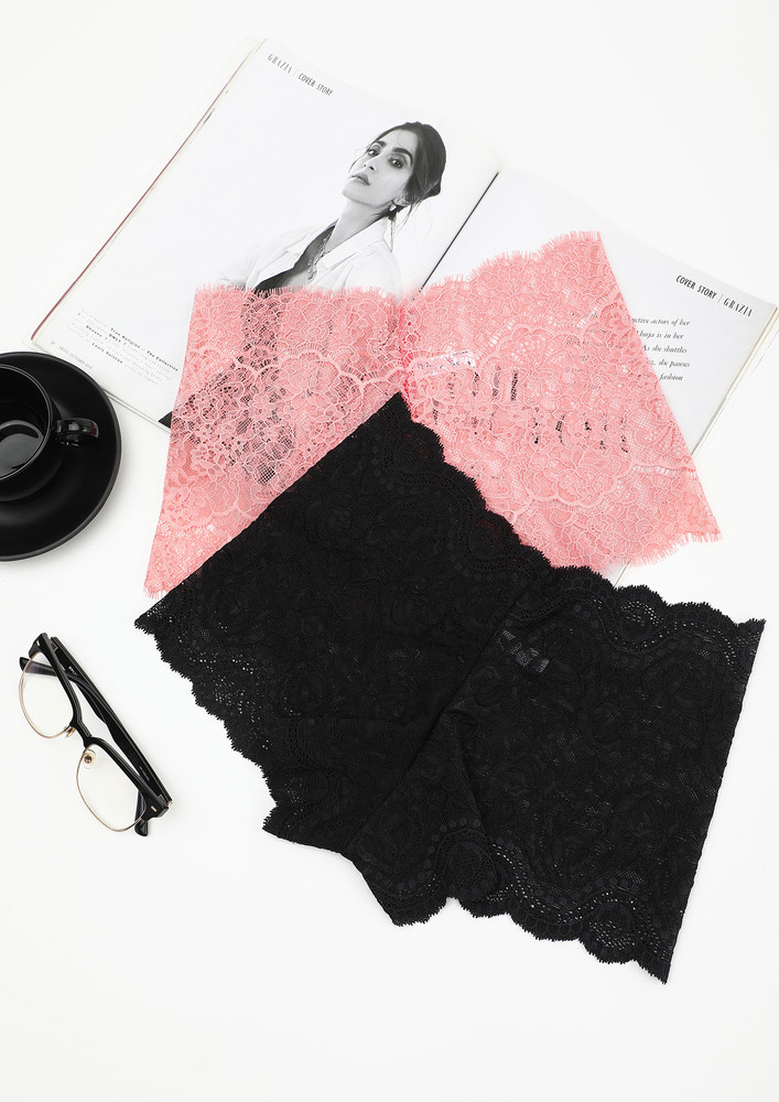 Perfect Fit Mid Waist Black And Pink Lace Boyshorts