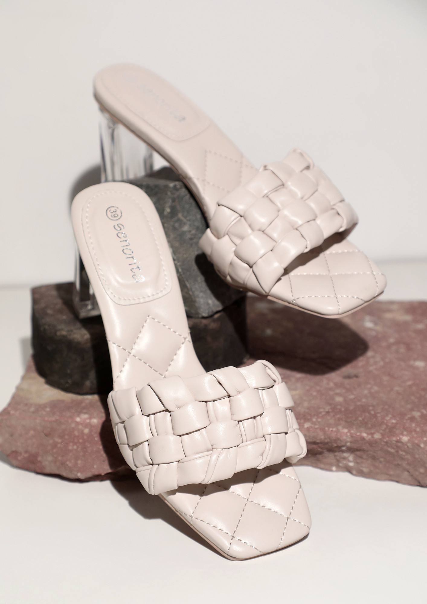Absolute And More Quilted, Weave, Patterned, Slip-On, Beige, Transparent, Block Heel Sandals