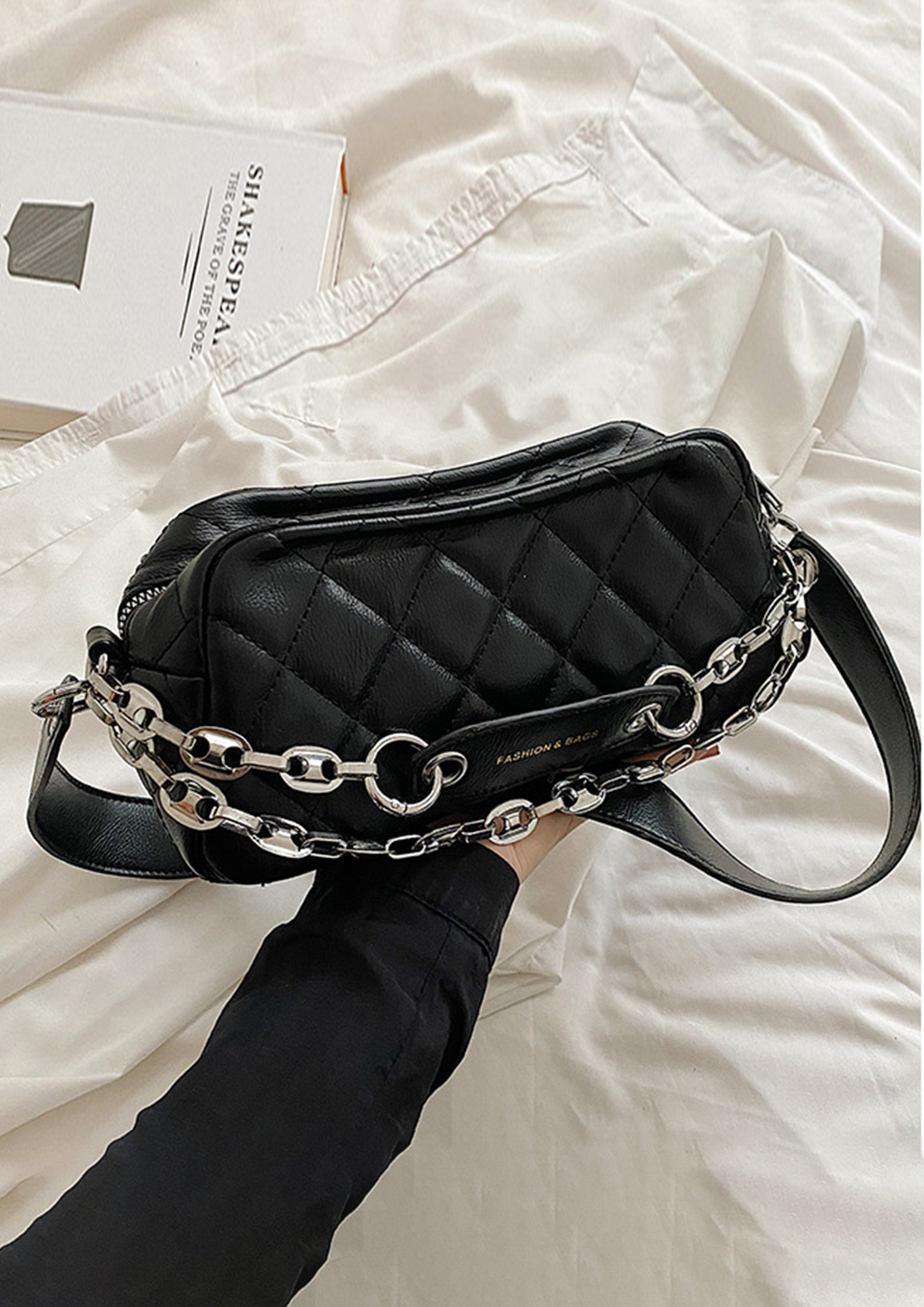 FAUX LEATHER QUILTED BLACK SLING BAG